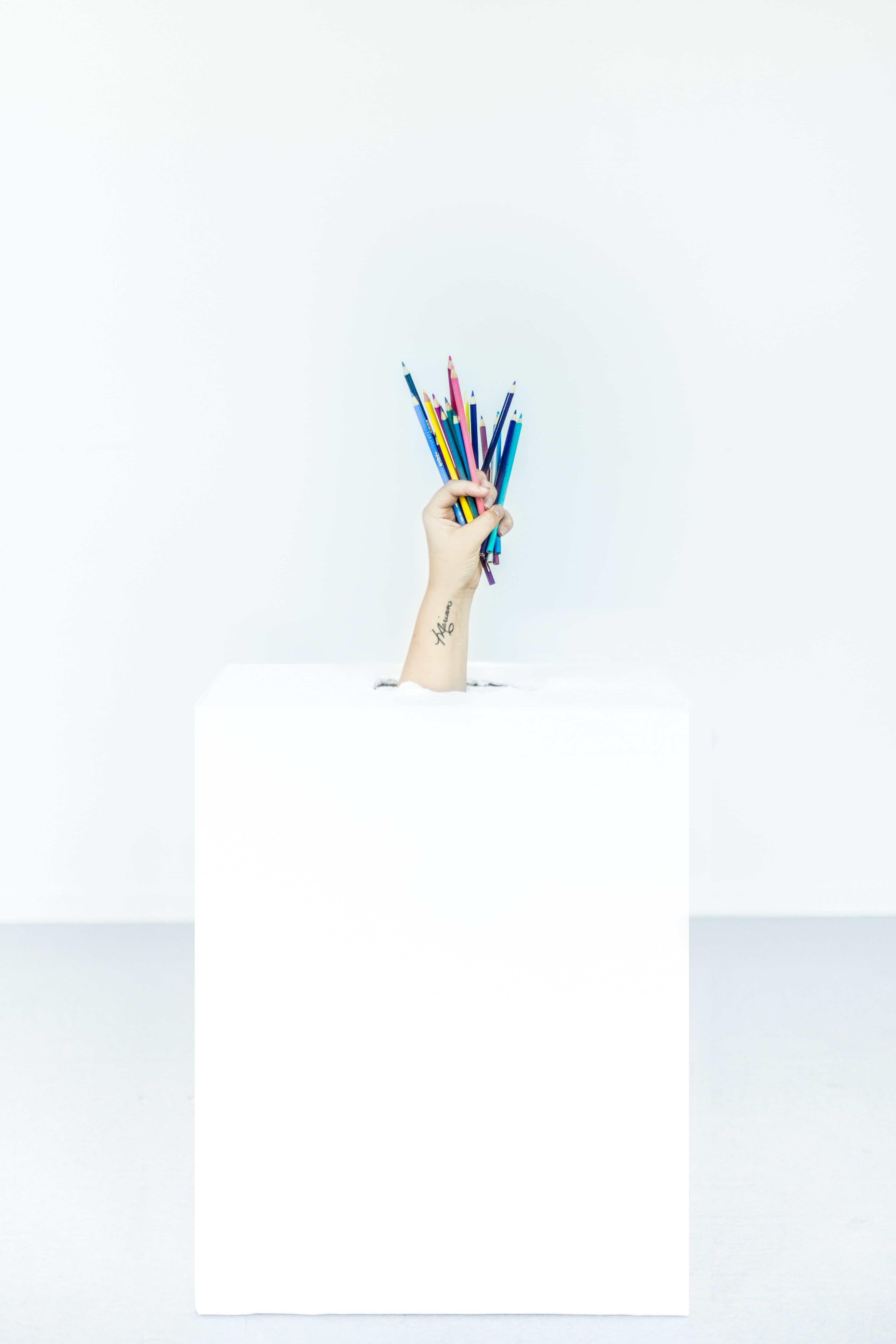 writing instrument, pencil, art and craft, office supply, table, office, creativity, indoors, studio shot, hand, multi colored, colored pencil, white color, Phone HD Wallpaper