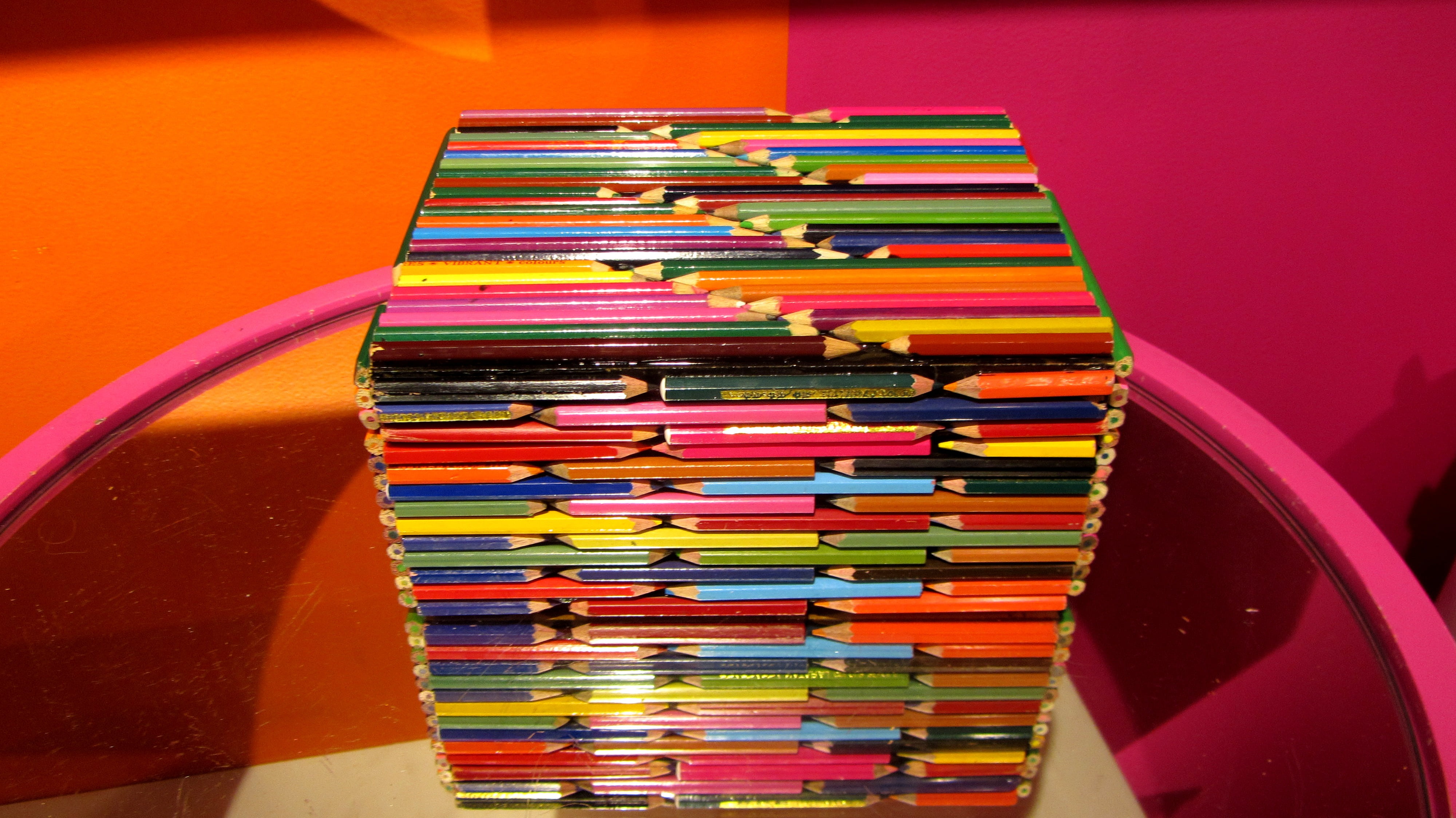 table, orange background, vibrant color, stack, high angle view, office, colored pencil, order, indoors, pens, abundance, choice, studio shot, paper, box, HD Wallpaper