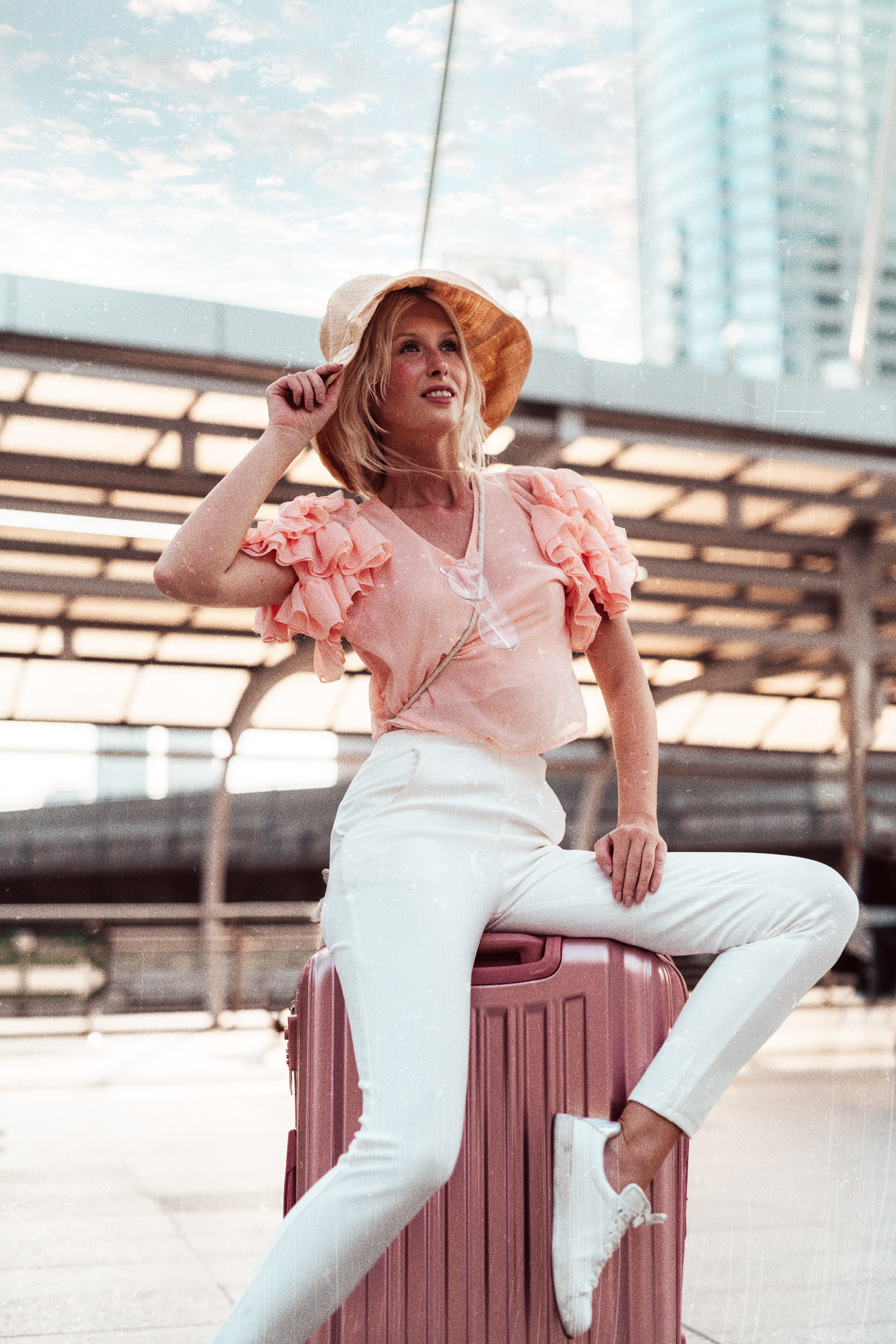 sitting, girl, front view, young women, russian, leisure activity, casual clothing, trip, suitcase, luggage, adult, smiling, woman, day, case, focus on foreground, Phone HD Wallpaper