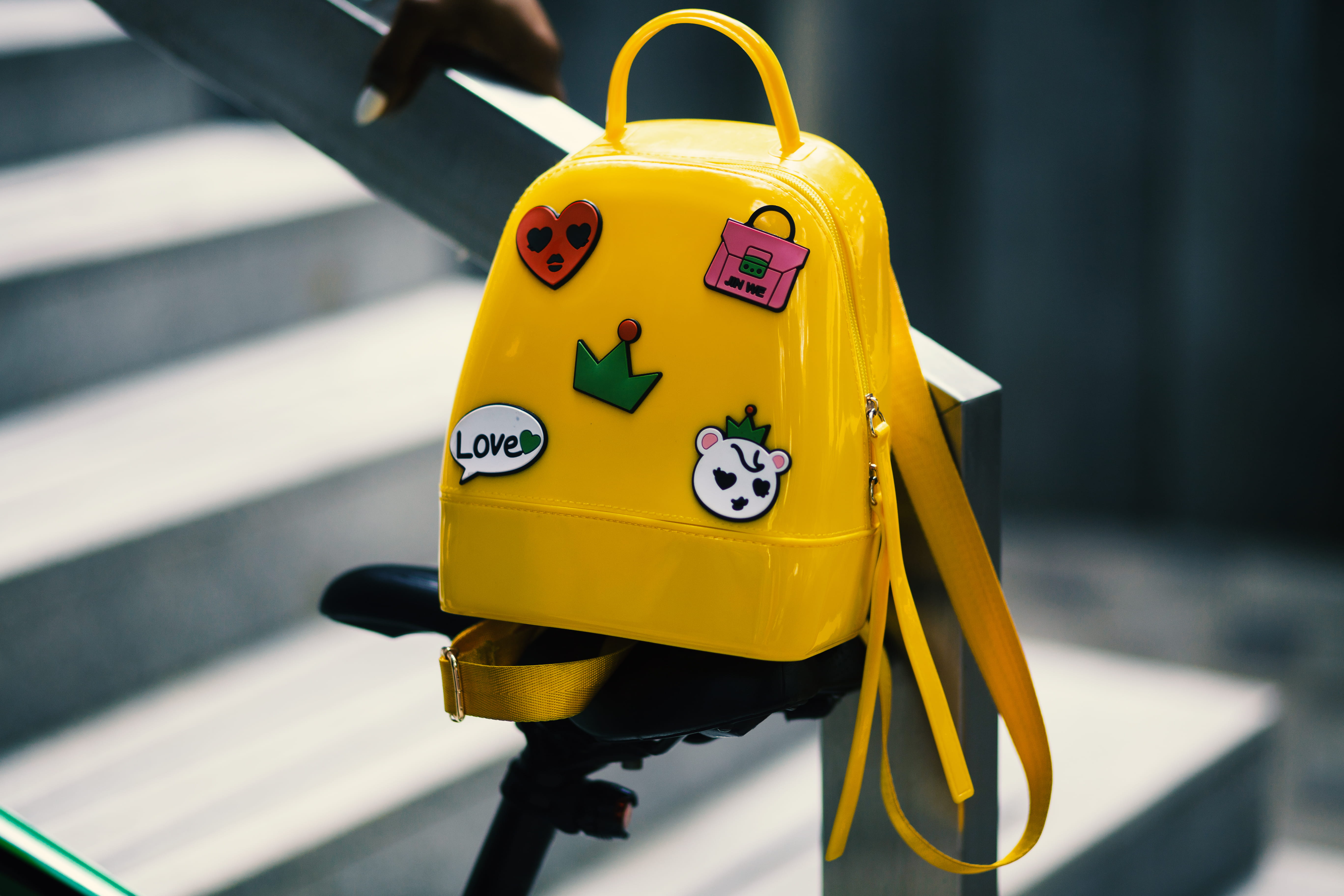 5K, security, luggage, backpack, city, road, human representation, outdoors, safety, yellow, crosswalk, stairs, communication, five, rail, close-up, handrail, HD Wallpaper