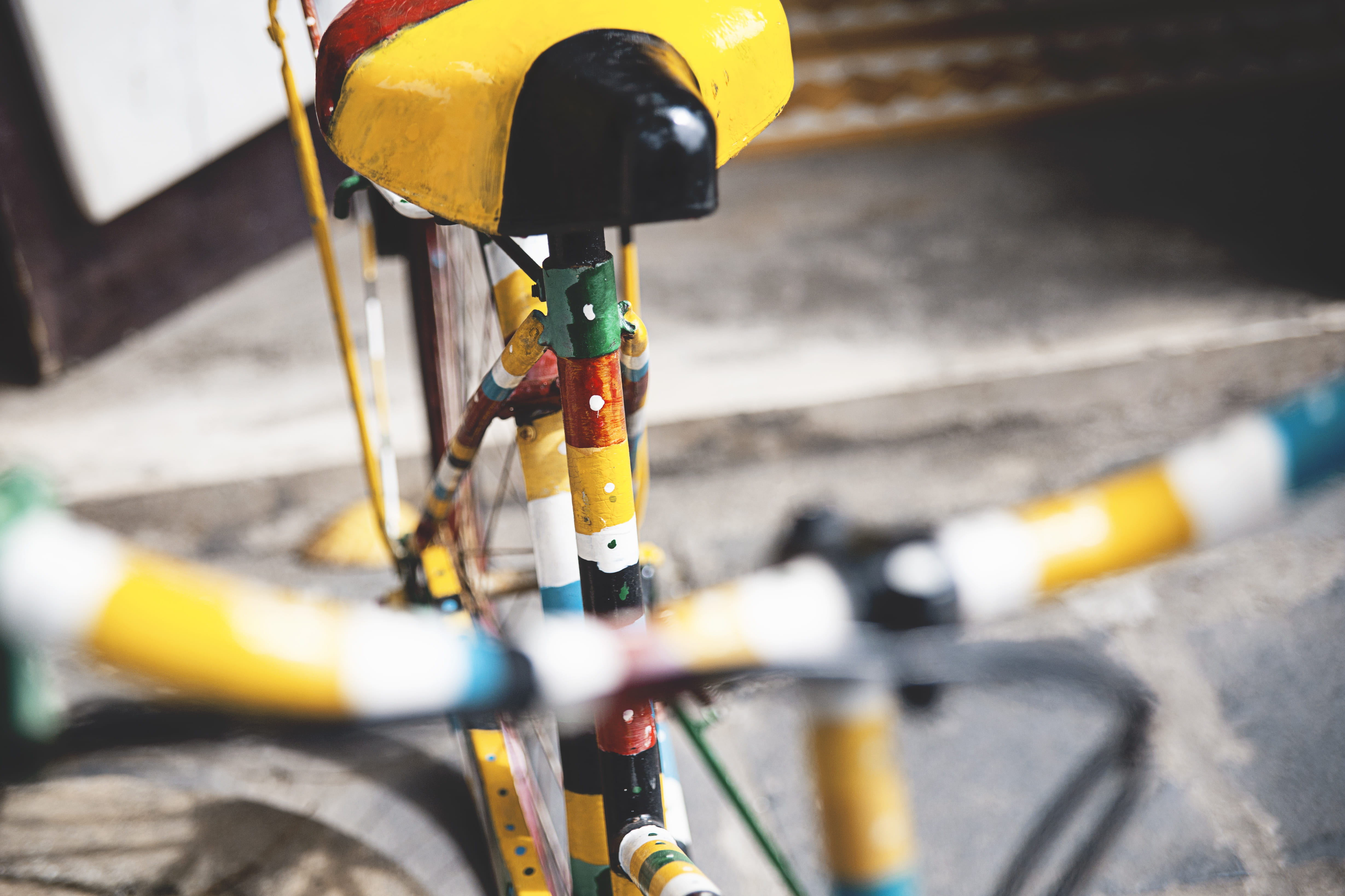 wheel, color, selective focus, seat, multicolored, bike, sit, yellow, focus on foreground, saddle, sunlight, outdoors, 4K, vietnam, colorful, post, mode of transportation, HD Wallpaper