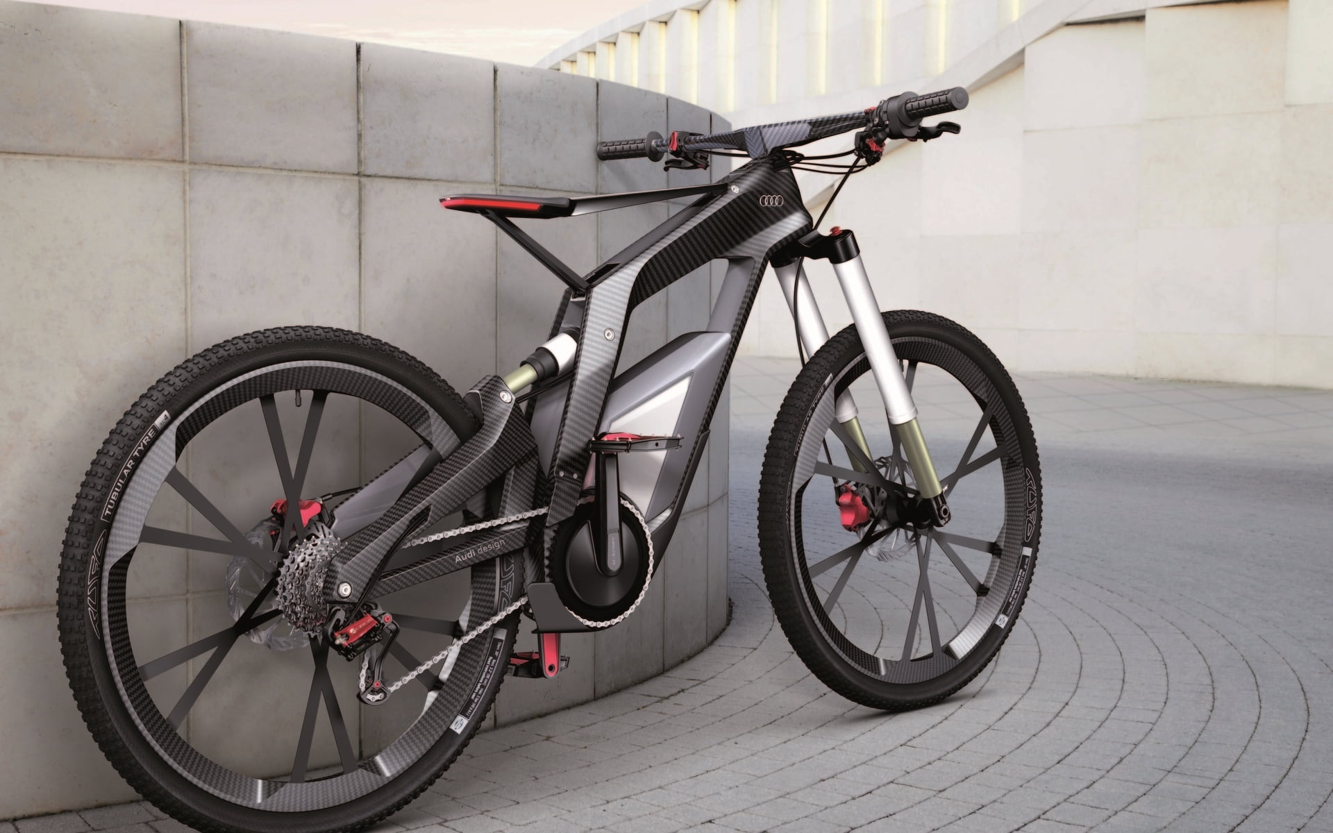 Audi bike, wheels, outdoors, day, parking, wheel, mode of transportation, bicycle, bicycle rack, footpath, no people, metal, sidewalk, wall - building feature, HD Wallpaper