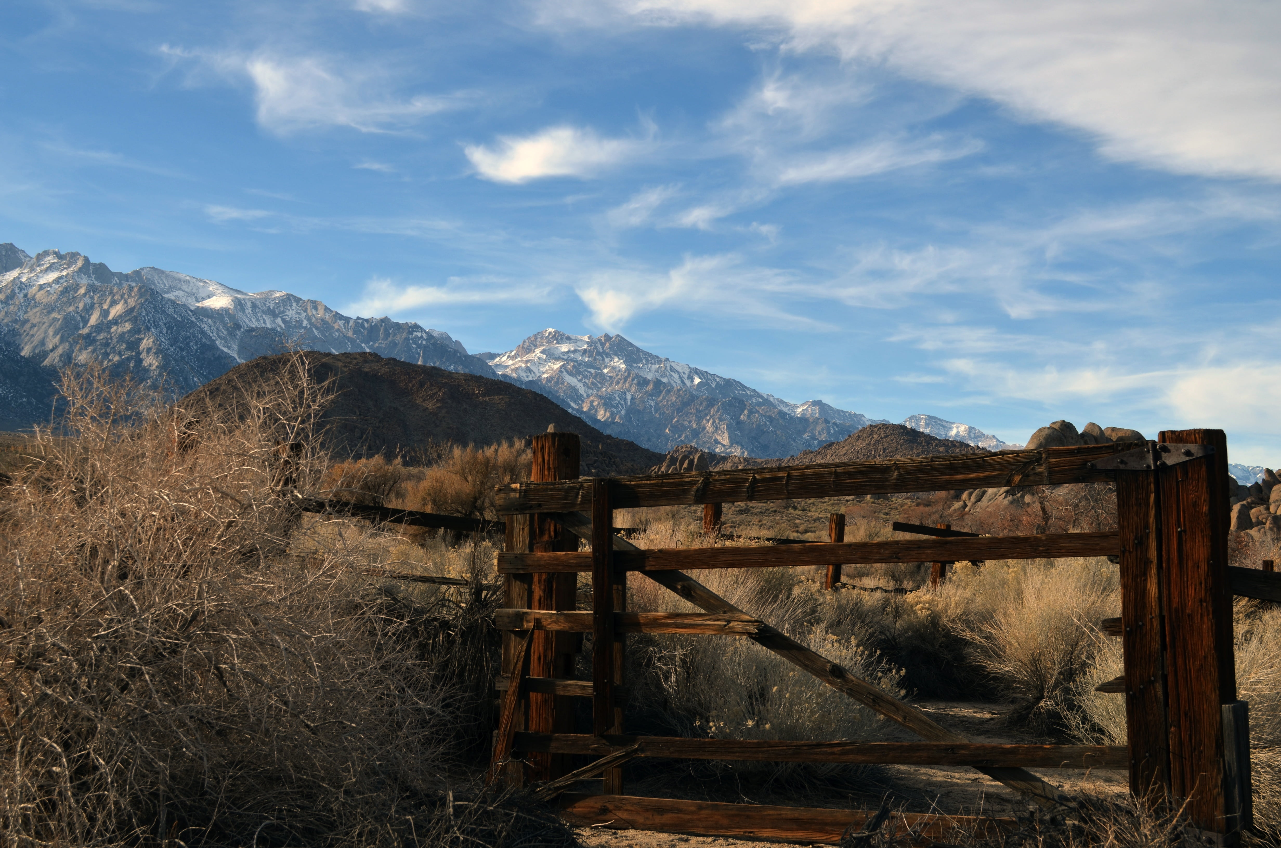 land, wood - material, outdoors, snowcapped mountain, cold temperature, tranquil scene, nature, tranquility, landscape, western, lone pine, day, mountains, HD Wallpaper