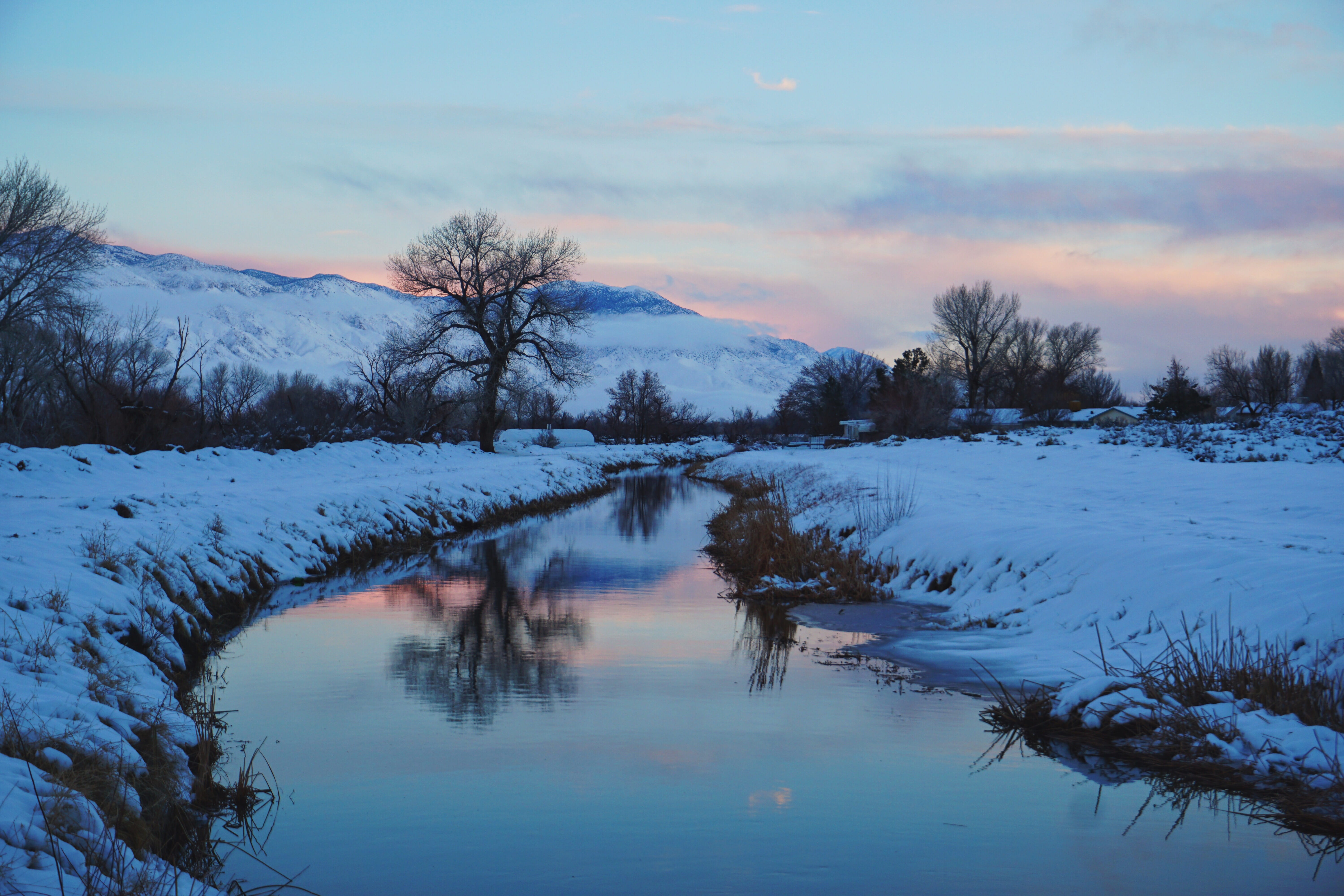 moutain, non-urban scene, idyllic, winter, beauty in nature, sunset, no people, trees, nature, lake, tree, cloud - sky, united states, tranquil scene, water, HD Wallpaper