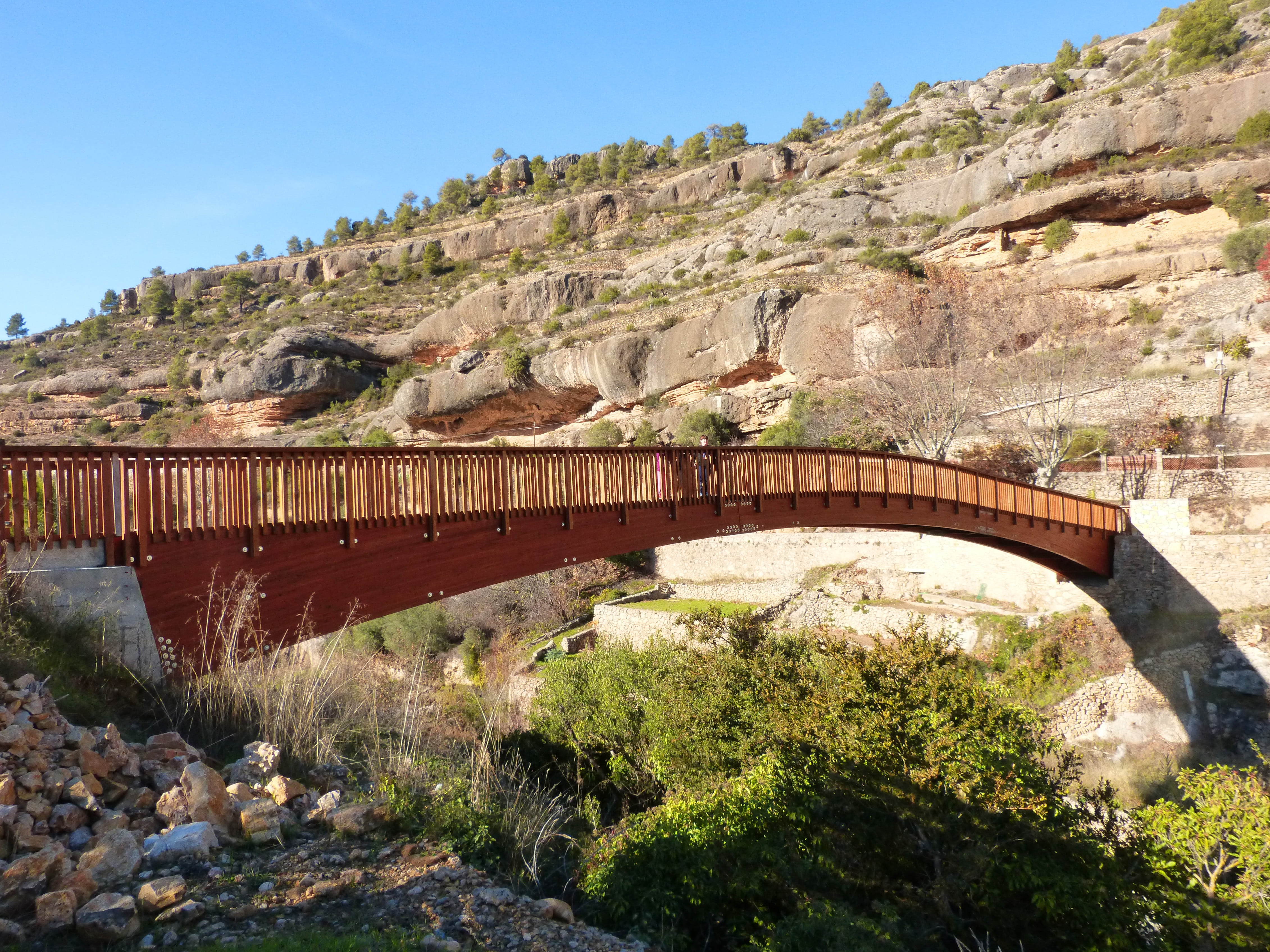 architecture, wooden bridge, 4K, plant, mountain, tree, river, nature, sky, bridge, tranquility, outdoors, no people, sunlight, bridge - man made structure, HD Wallpaper