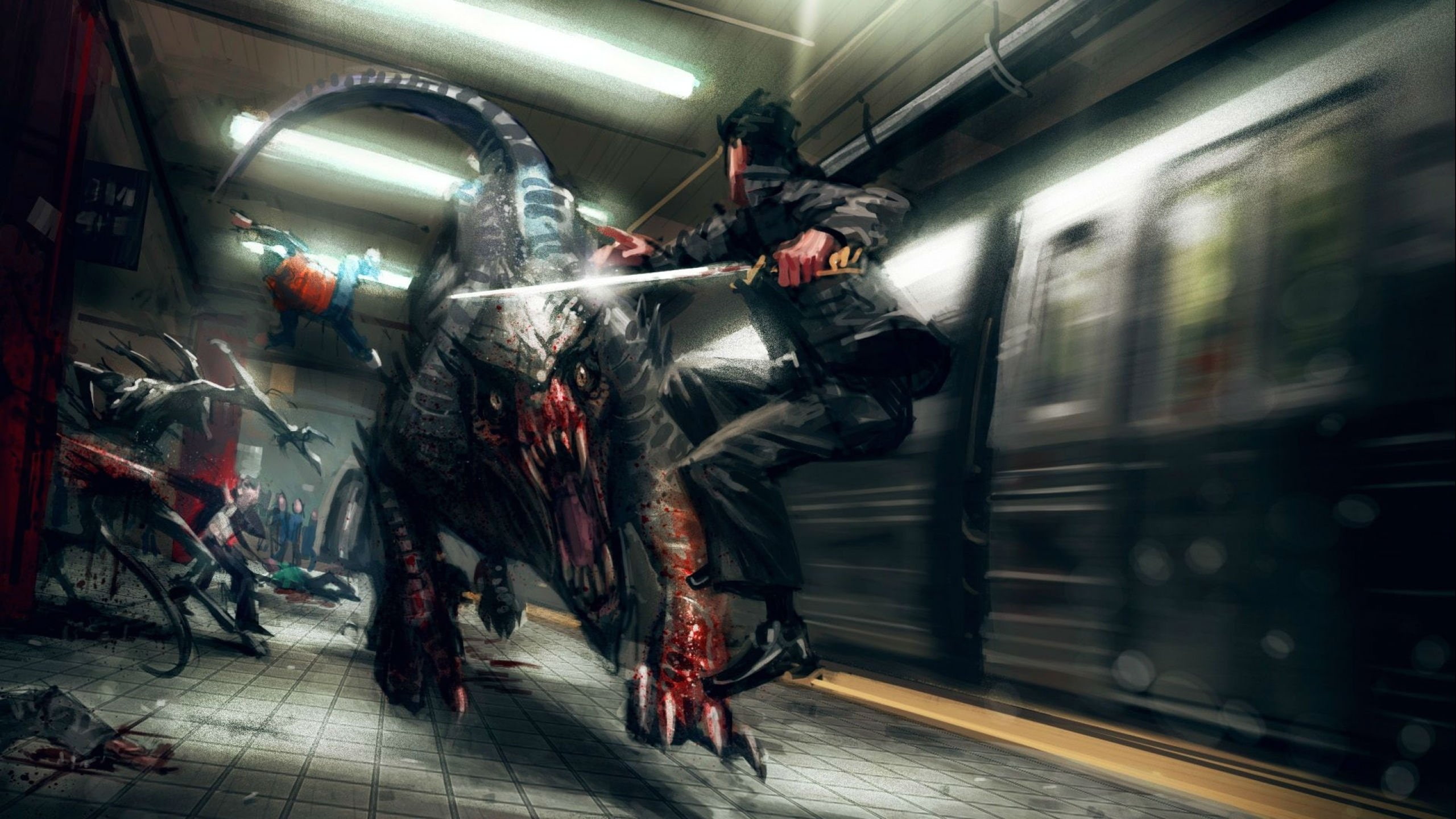 real people, creature, women, rpg, mmo, indoors, public transportation, fi, shadow, train - vehicle, blurred motion, action, Fighting, monster, sci, hairstyle, HD Wallpaper