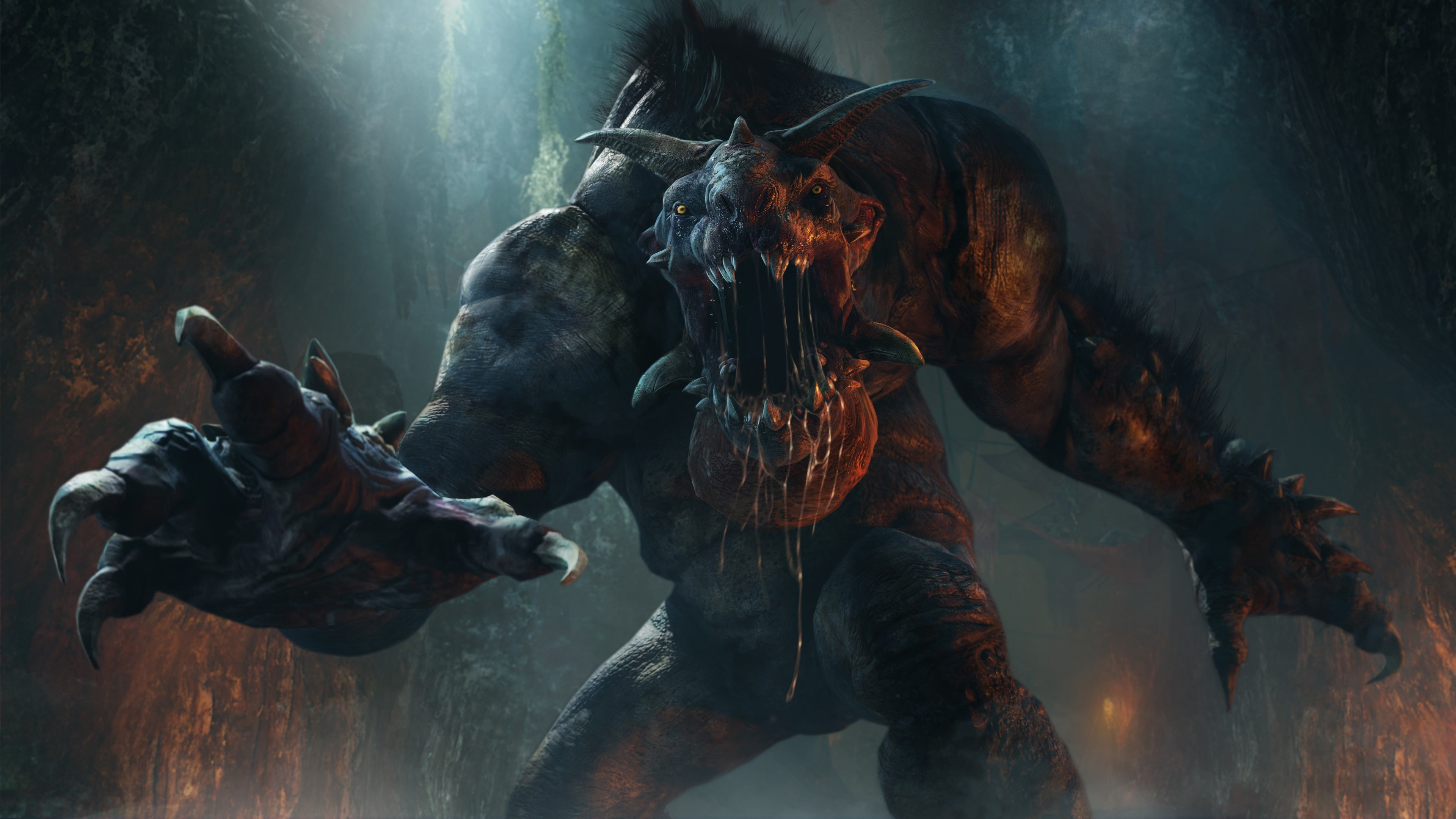 creature, 4k, mouth, 5k, game, monster, Middle-earth: Shadow of Mordor, PC, The Lord of the Hunt, screenshot, teeth, cave, claws, 2015, HD Wallpaper