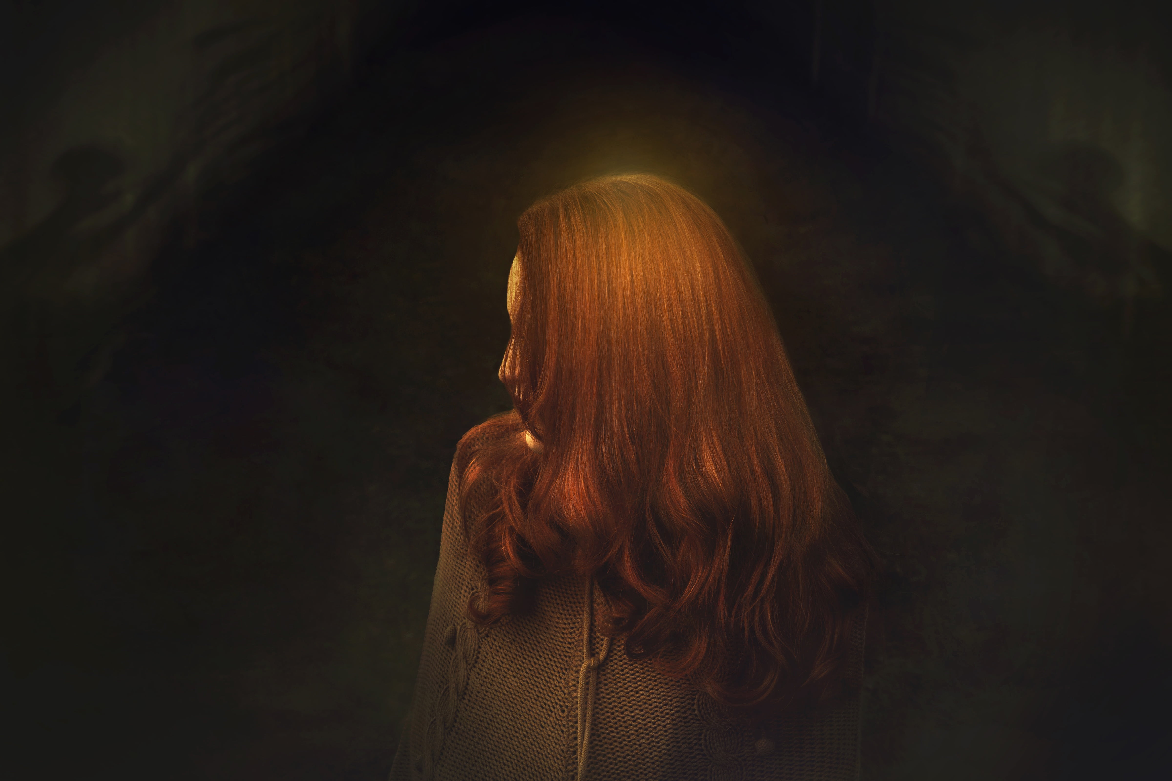 4K, black background, red, one person, redhead, light, lifestyles, headshot, without a face, hairstyle, young women, shadow, monster, good hair, female, HD Wallpaper