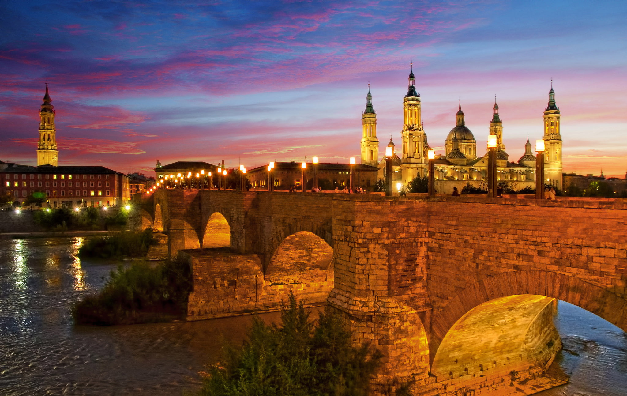 the river Ebro, stone bridge, Basílica de Nuestra Señora del Pilar, the sky, night, 1080P, lights, lions bridge, Spain, Zaragoza, HD Wallpaper