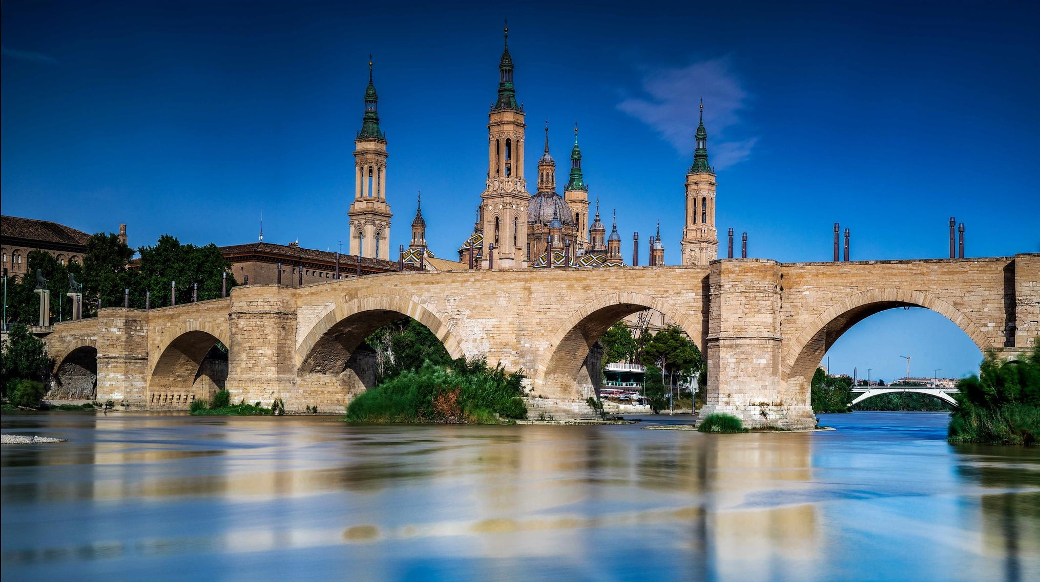 river, Ebro River, Cathedral-Basilica of Our Lady of the Pillar, temple, Stone bridge Bridge, The River Ebro, 1080P, bridge, Stone bridge, Spain, Zaragoza, HD Wallpaper