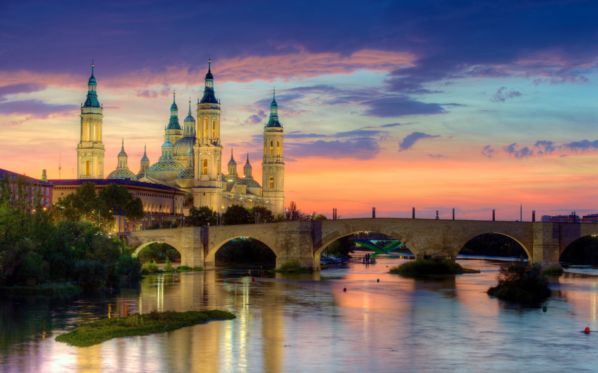 bridge, city, g, 1080P, zaragoza, river, huerva, tributaries, spain, sunset, llego, lady, ebro, HD Wallpaper