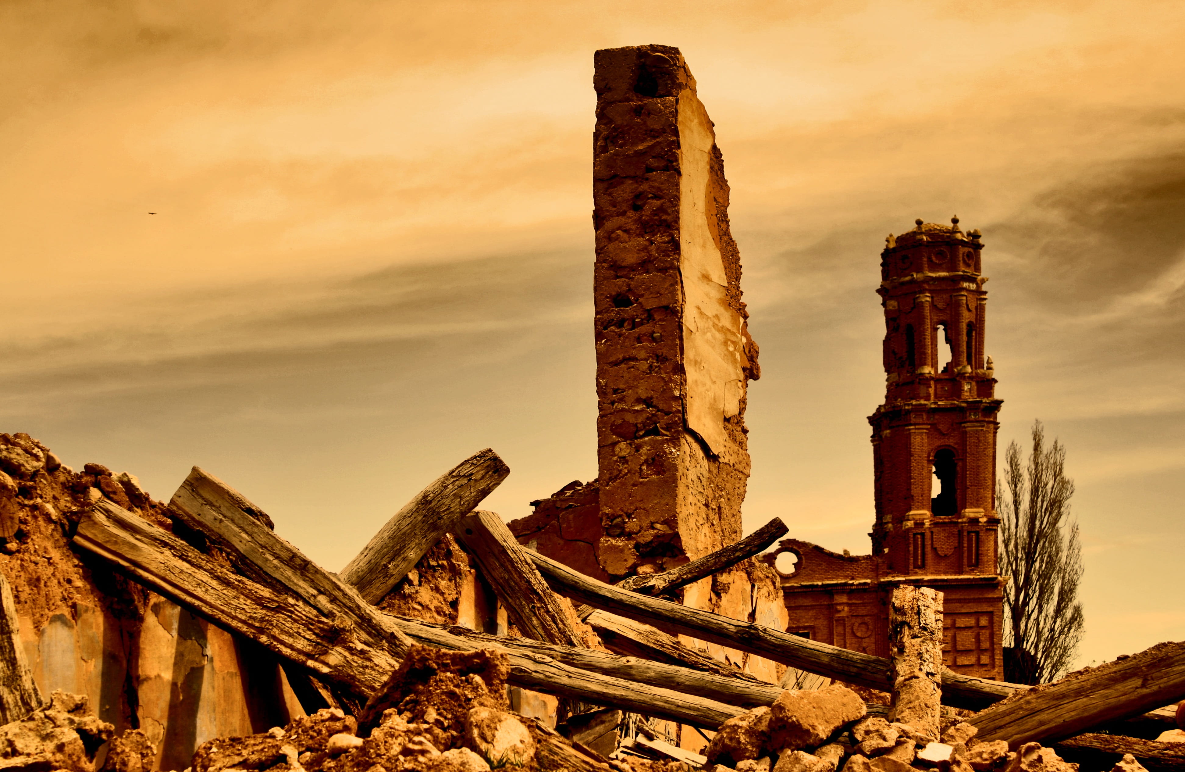 sunset, place of worship, building, saragossa, ruined, war, old, old ruin, archaeology, history, ancient civilization, travel destinations, aragon, deterioration, HD Wallpaper