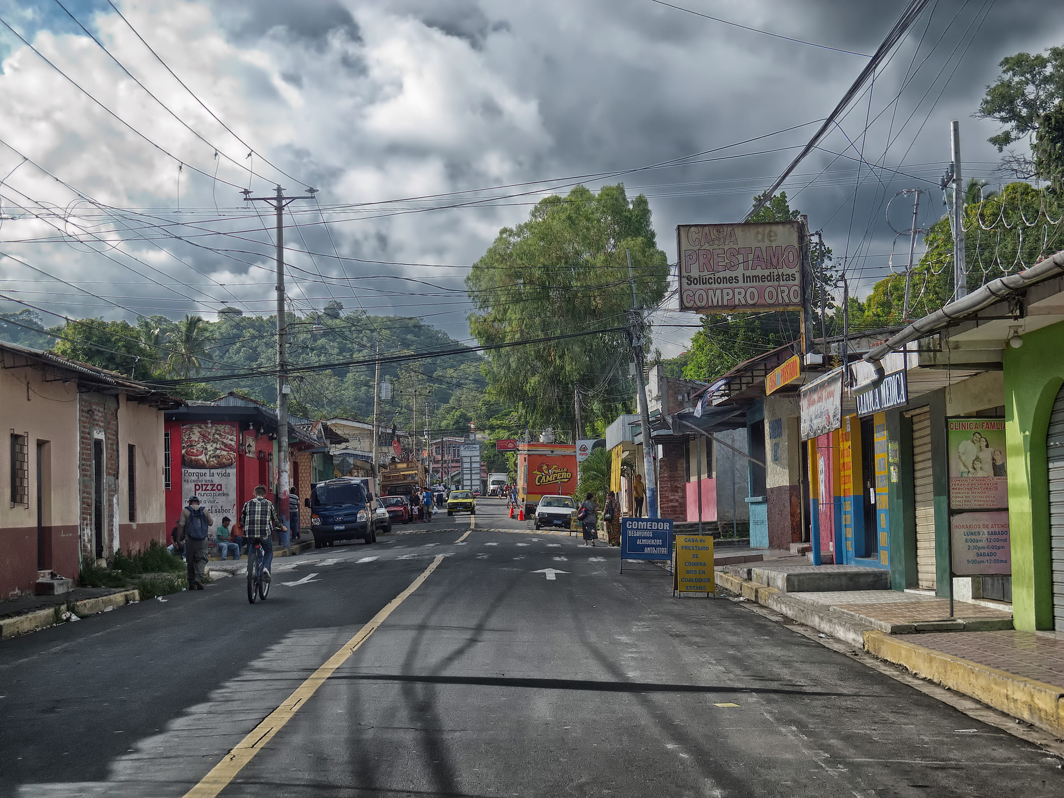 sky, cloudy, outdoors, cable, the way forward, riding, electricity, built Structure, man, cloud - sky, buildings, direction, day, El Salvador, road, outside, HD Wallpaper