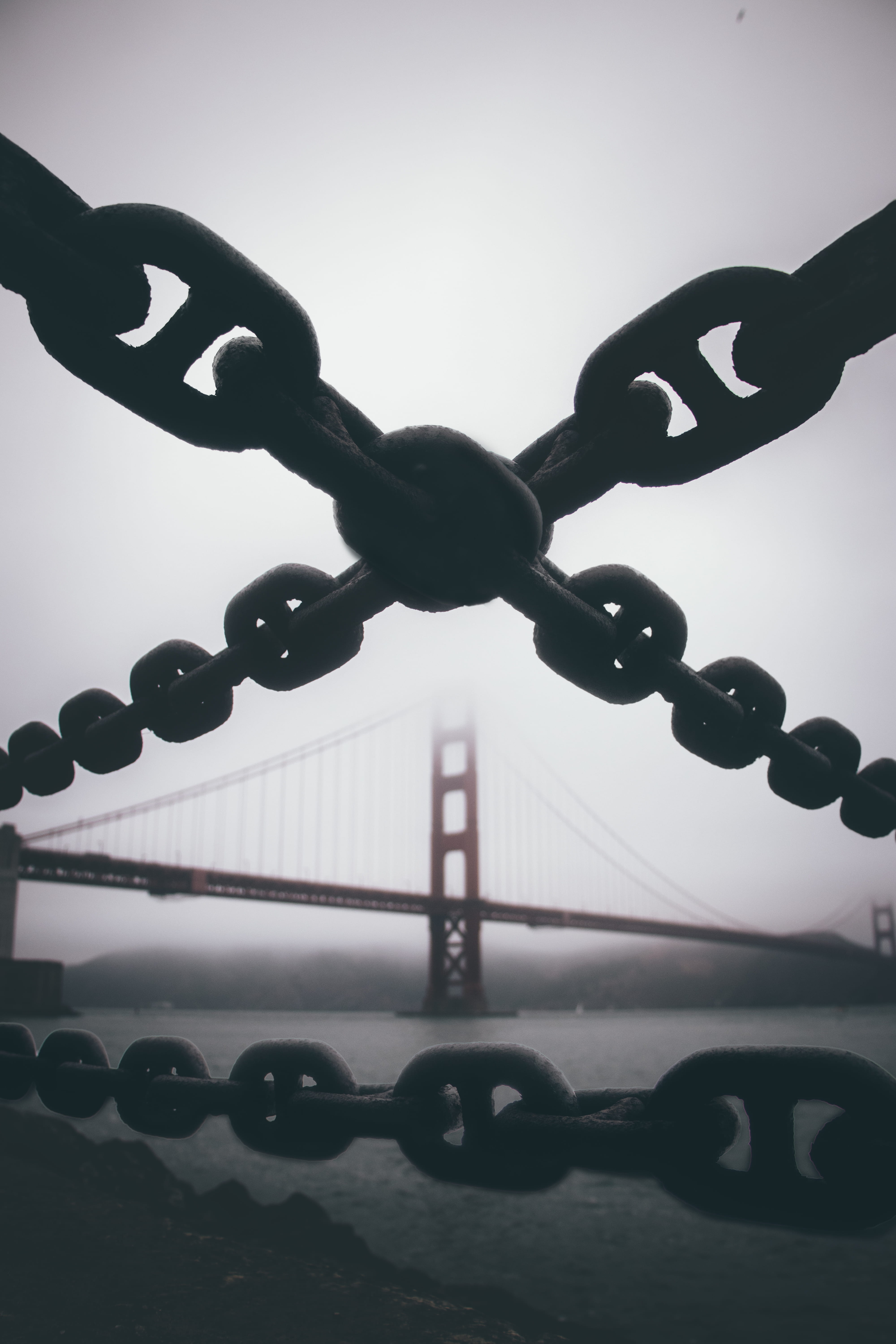sky, outdoors, rope, focus on foreground, day, connection, safety, fort point, metal, silhouette, sea, strength, no people, clear sky, beauty in nature, Phone HD Wallpaper