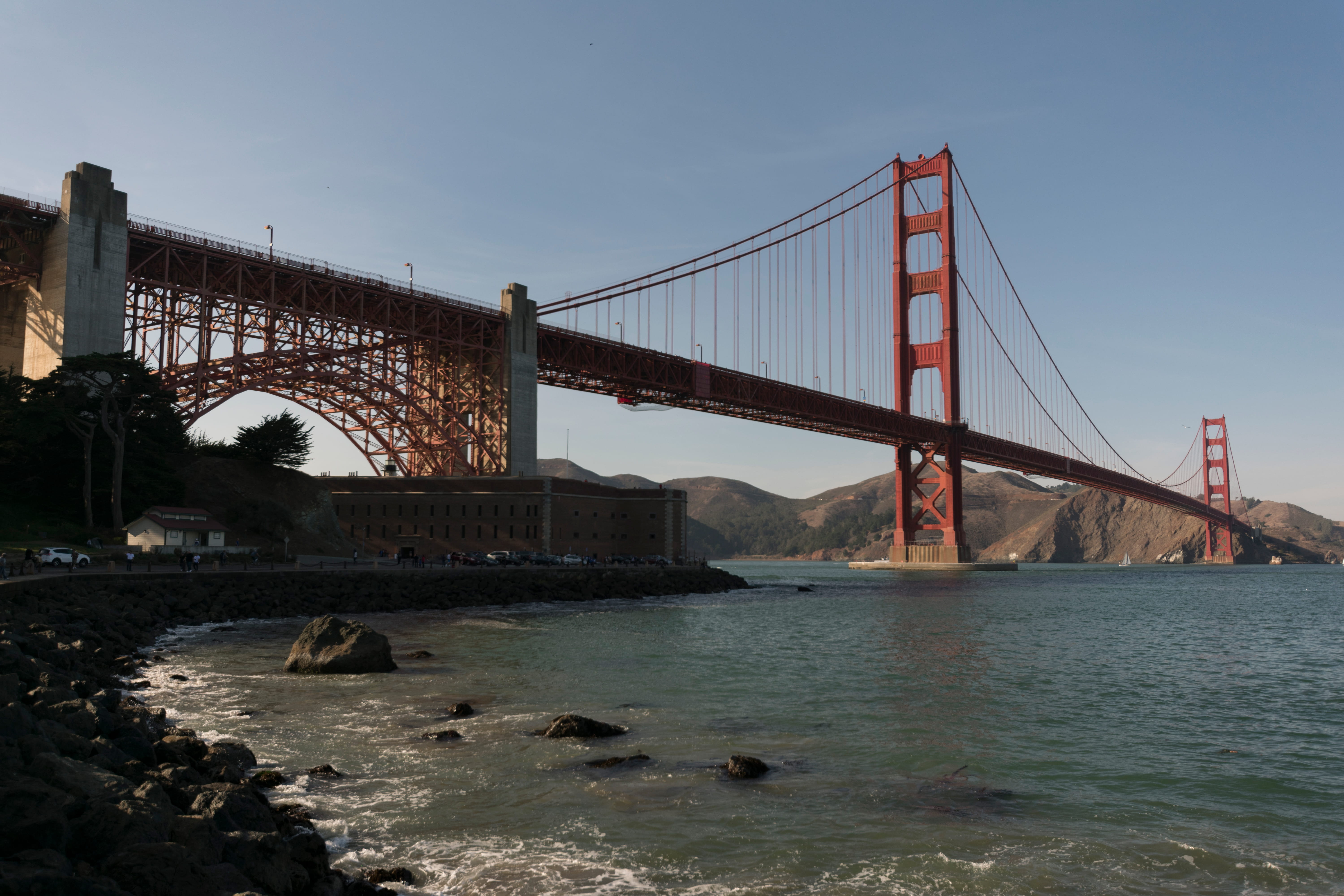 beach, bay, golden gate bridge, sky, usa, water, fort point, concrete, built structure, city, gold rush, suspension bridge, bridge, 5K, architecture, outdoors, HD Wallpaper