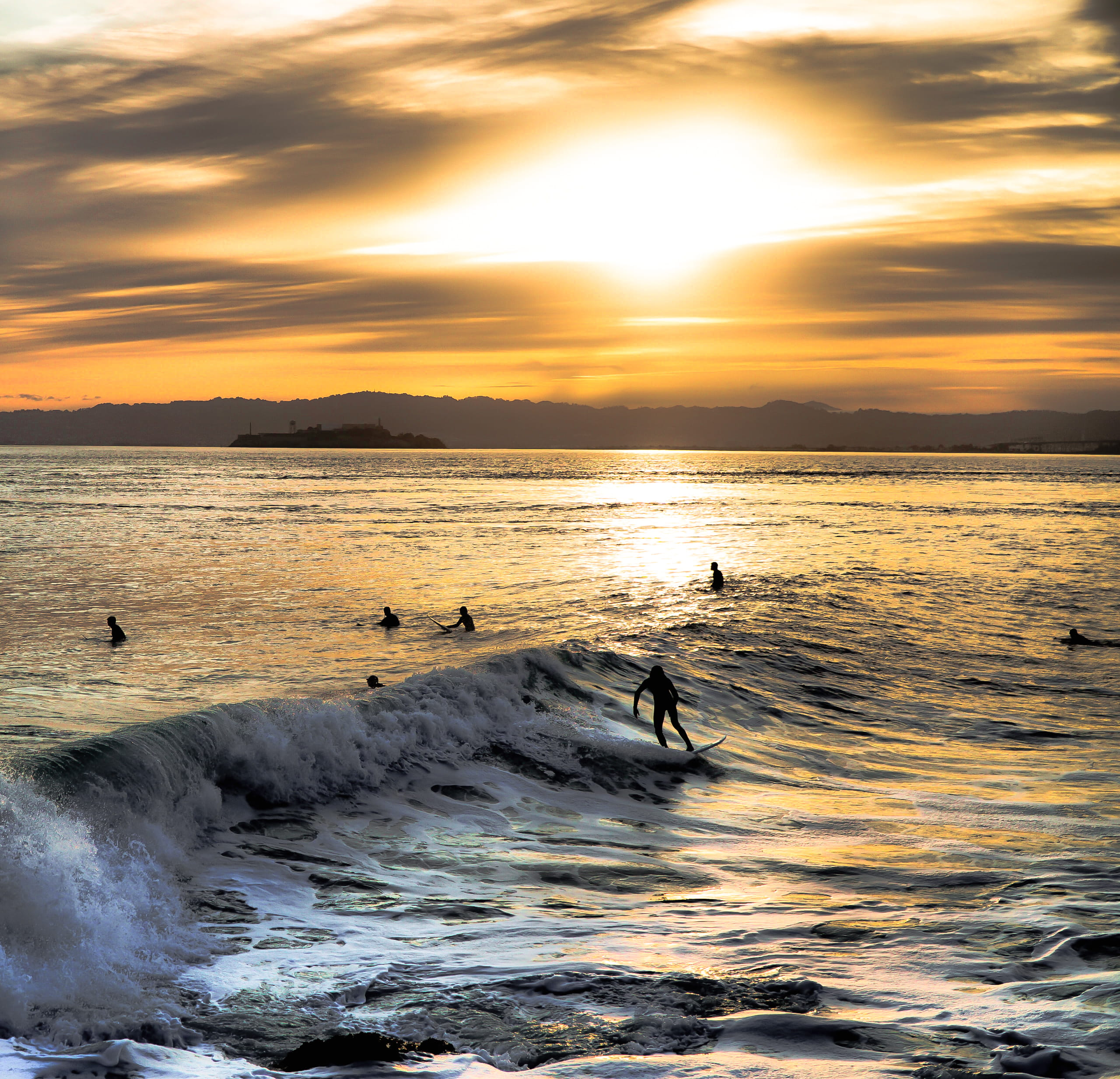 california, orange color, alcatraz, scenics - nature, sunrise, ocean, sky, beach, surf, beauty in nature, waterfront, one person, outdoors, sea, san francisco, HD Wallpaper