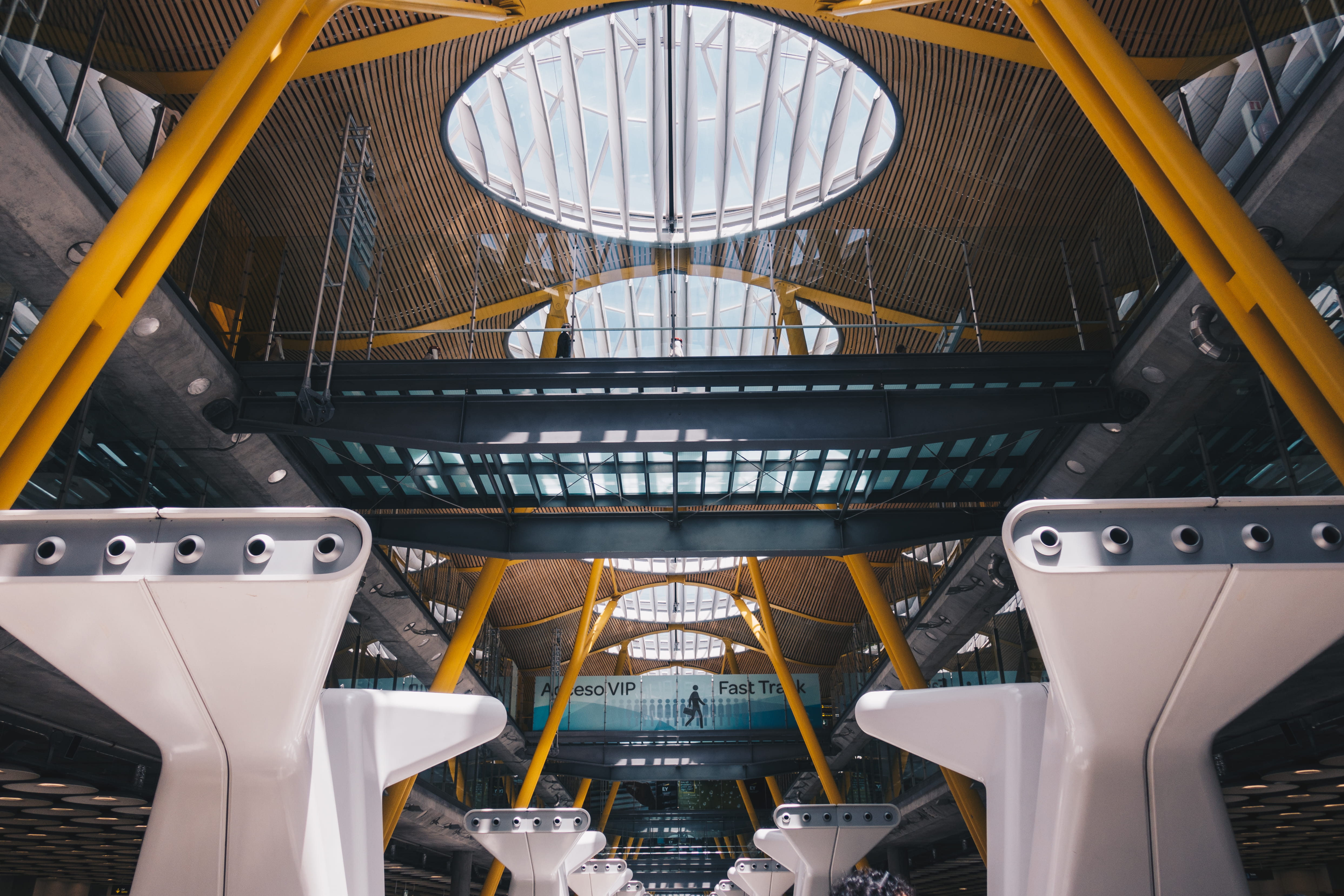 railing, ceiling, modern, no people, architecture, industrial, technology, low angle view, glass, building, madrid, flight, pattern, indoors, transportation, HD Wallpaper