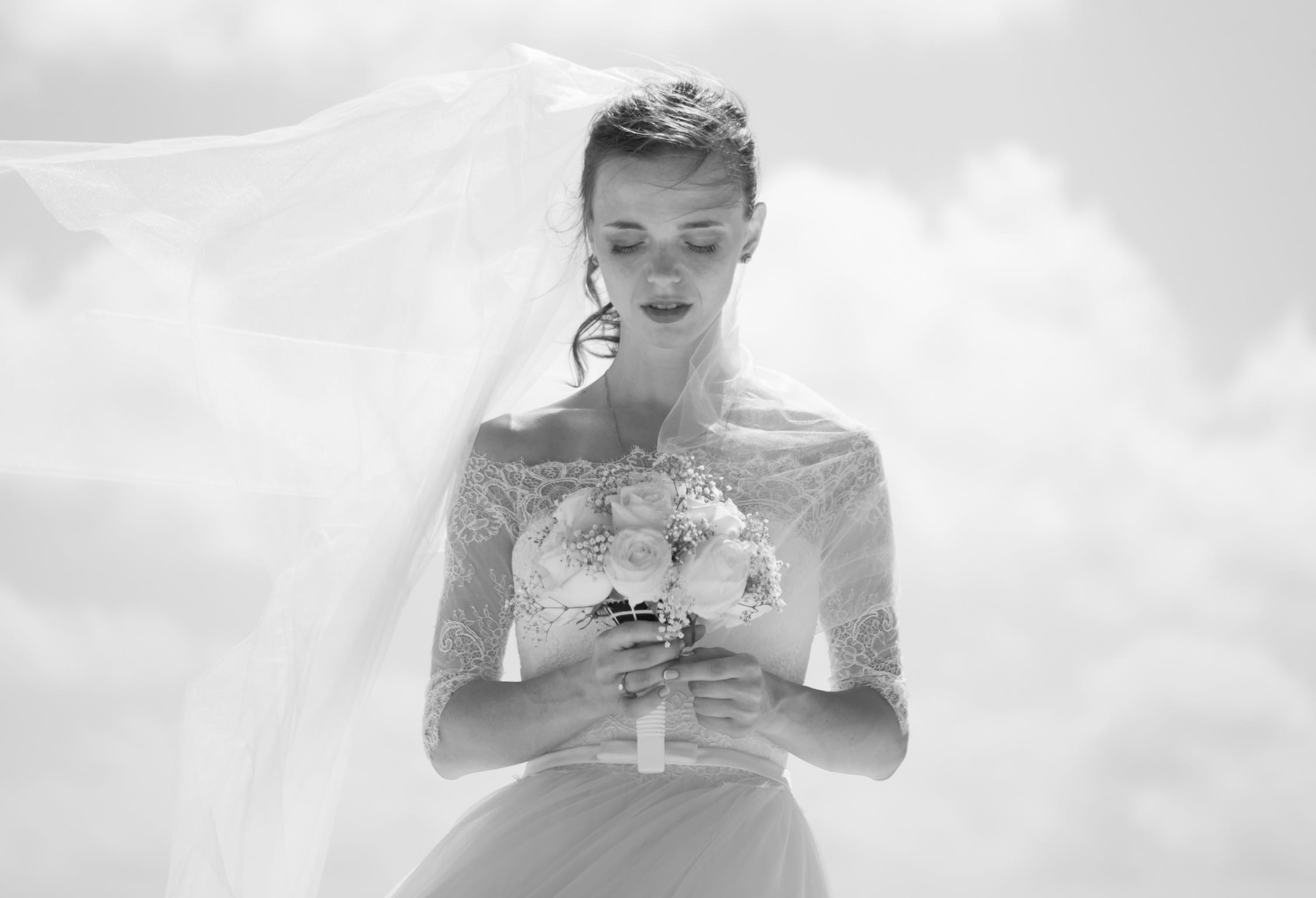 life events, people, bride, grayscale, holding, 1080P, happiness, waist up, young adult, outdoors, caucasian Ethnicity, photo, beautiful woman, women, HD Wallpaper