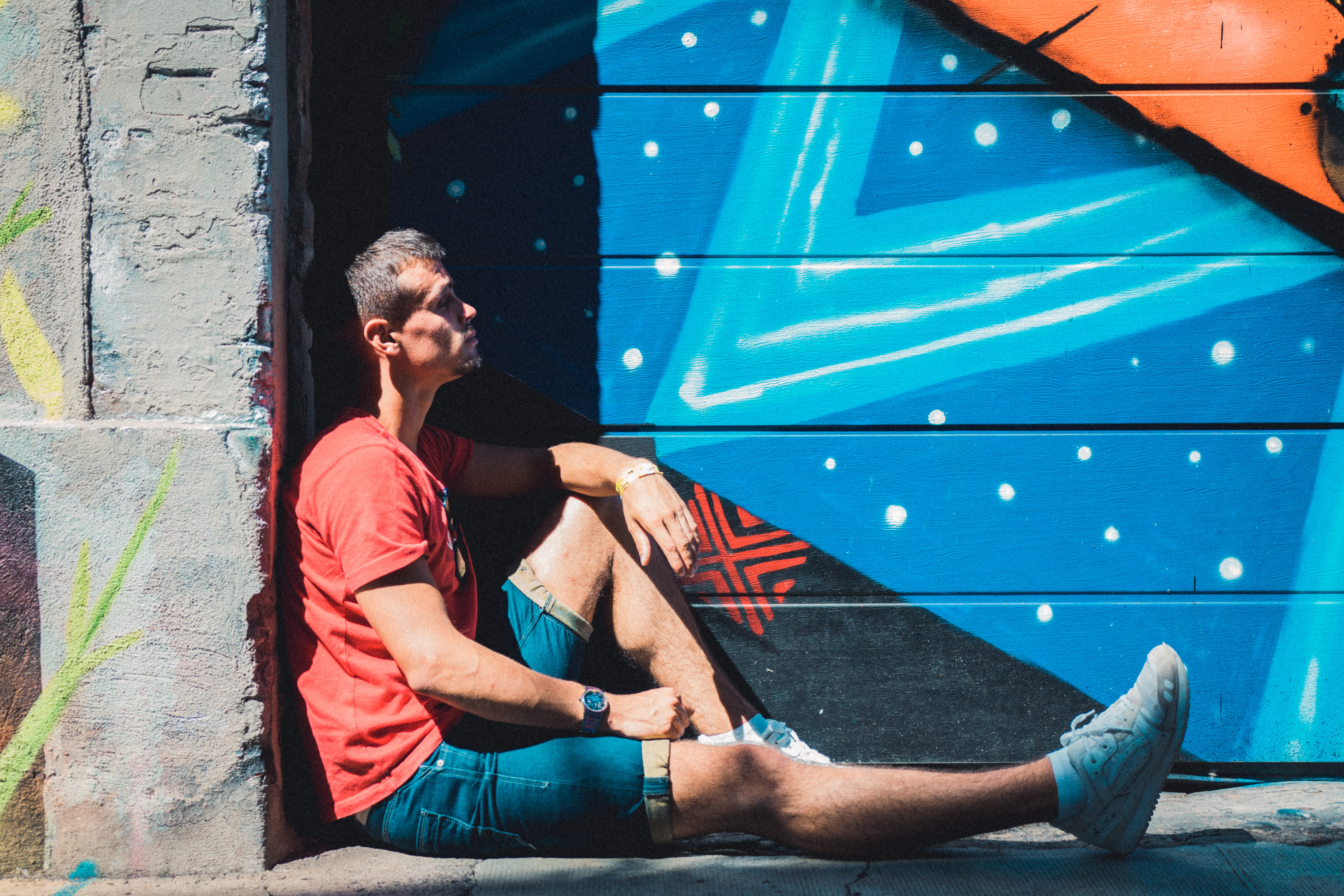 shoot, floor, man, adult, beauty, lifestyles, males, art, happiness, city, urban Scene, street, 5K, style, one Person, sat, near, wall, outdoors, grafitti, HD Wallpaper