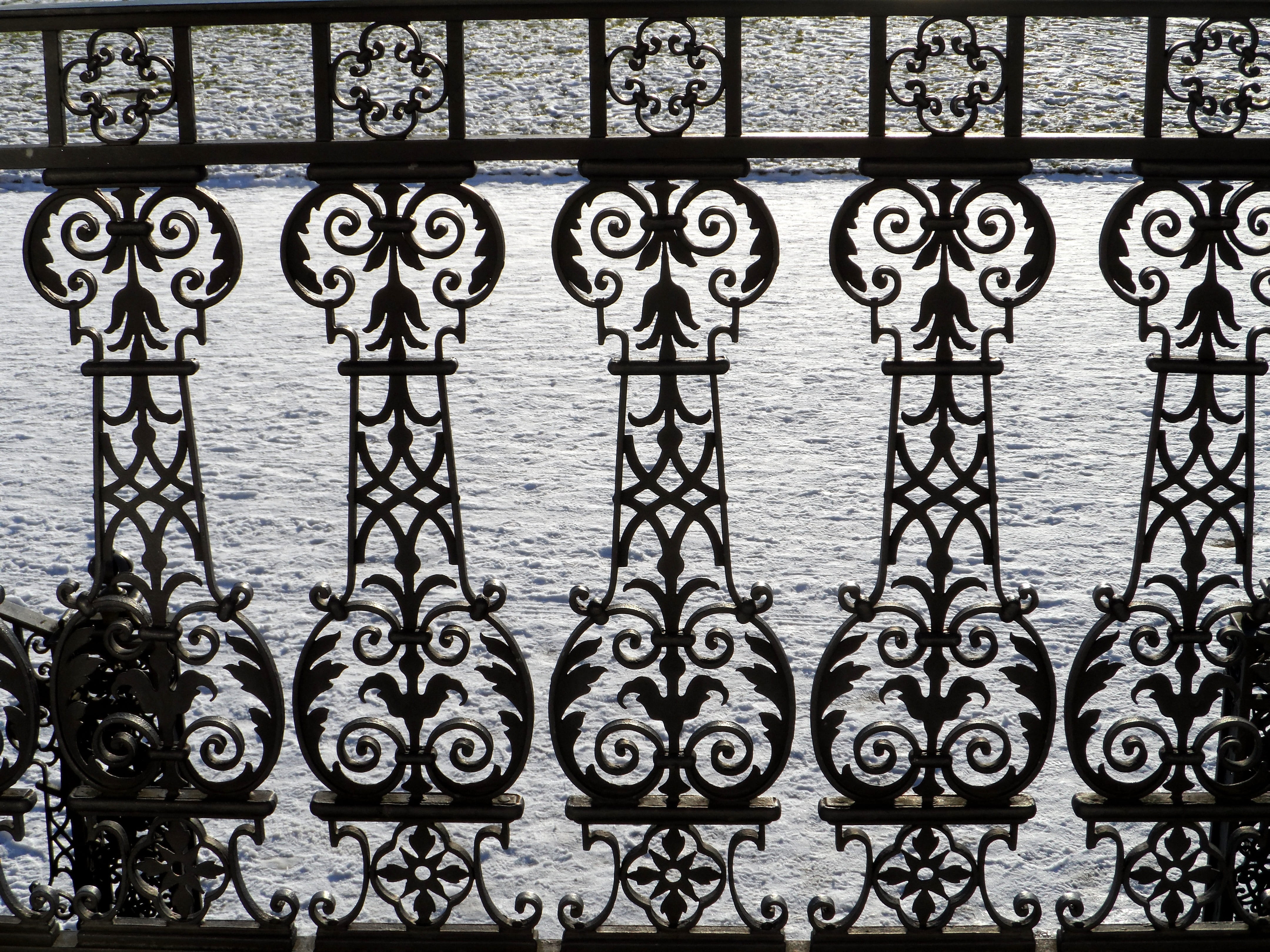 Grid, balustrade, Wrought Iron, 4K, decant, built structure, design, outdoors, backgrounds, security, ornaments, Snow, iron - metal, ornate, pattern, park, HD Wallpaper
