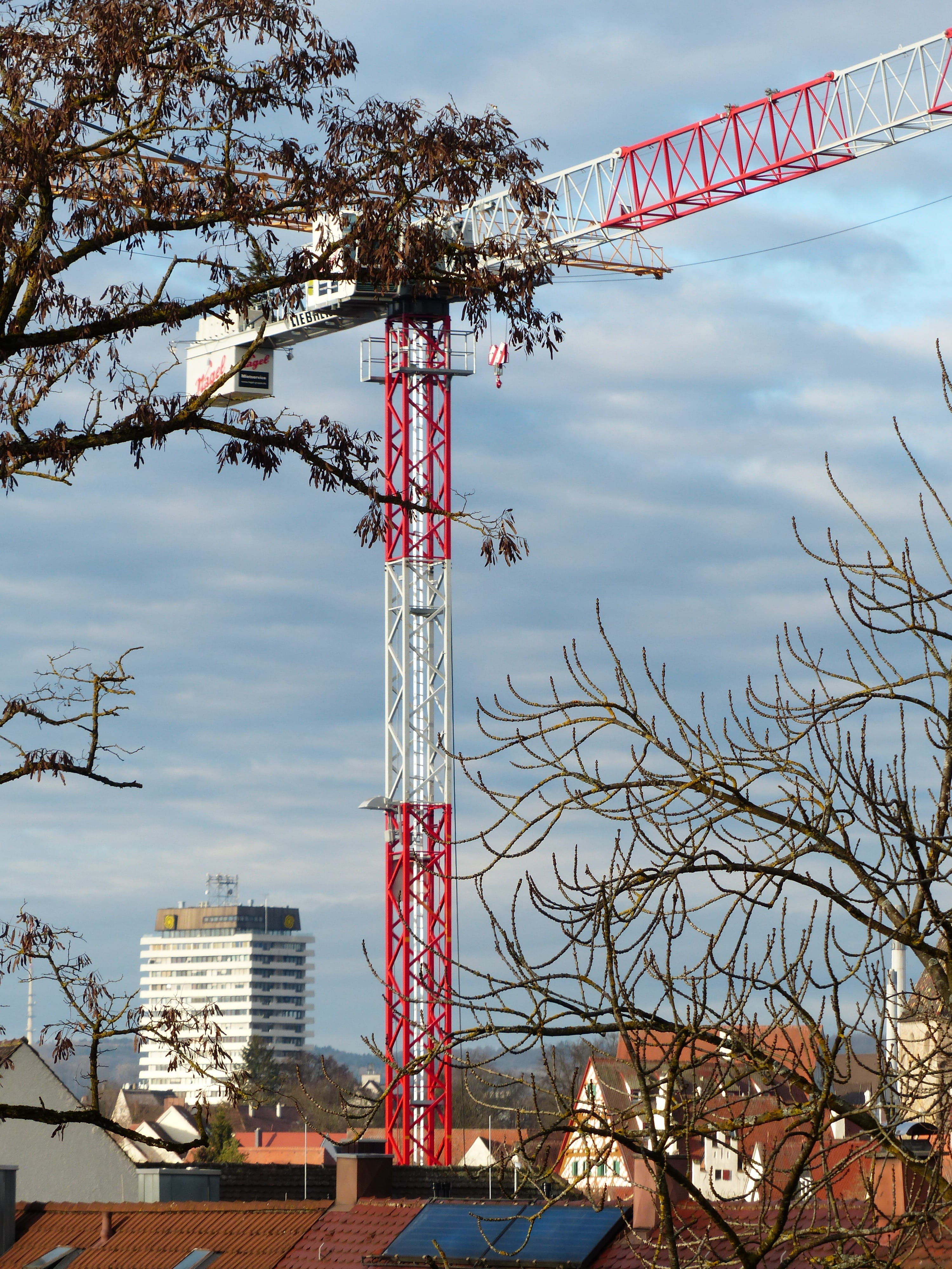 city, technology, tree, site, crane, building exterior, red, sky, outdoors, water, ulm, arts culture and entertainment, cloud - sky, connection, tall - high, Phone HD Wallpaper