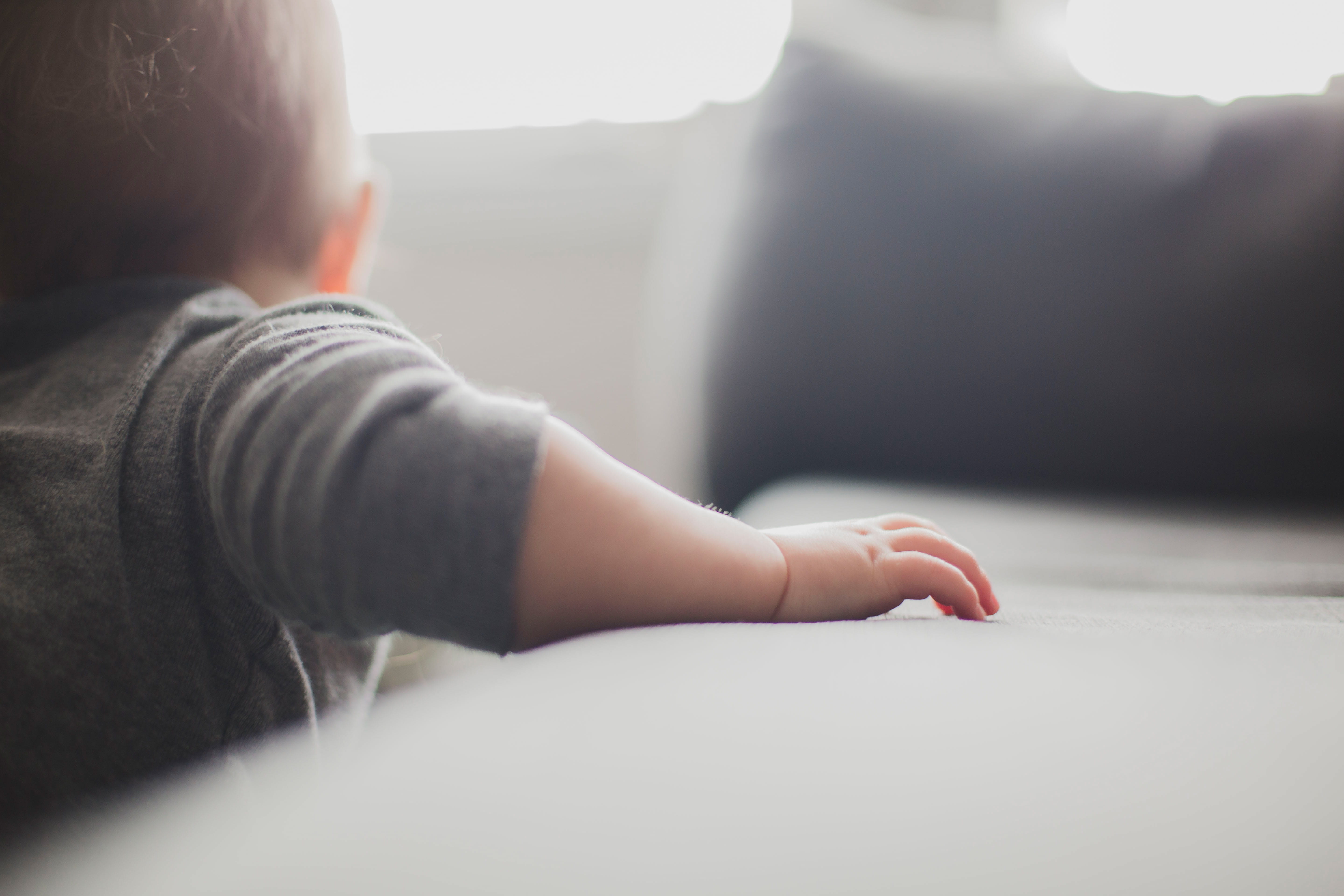 selective focus, offspring, sofa, headshot, diaper, furniture, human, childhood, close-up, rear view, sleeping, day, person, skin, hand, real people, window, HD Wallpaper