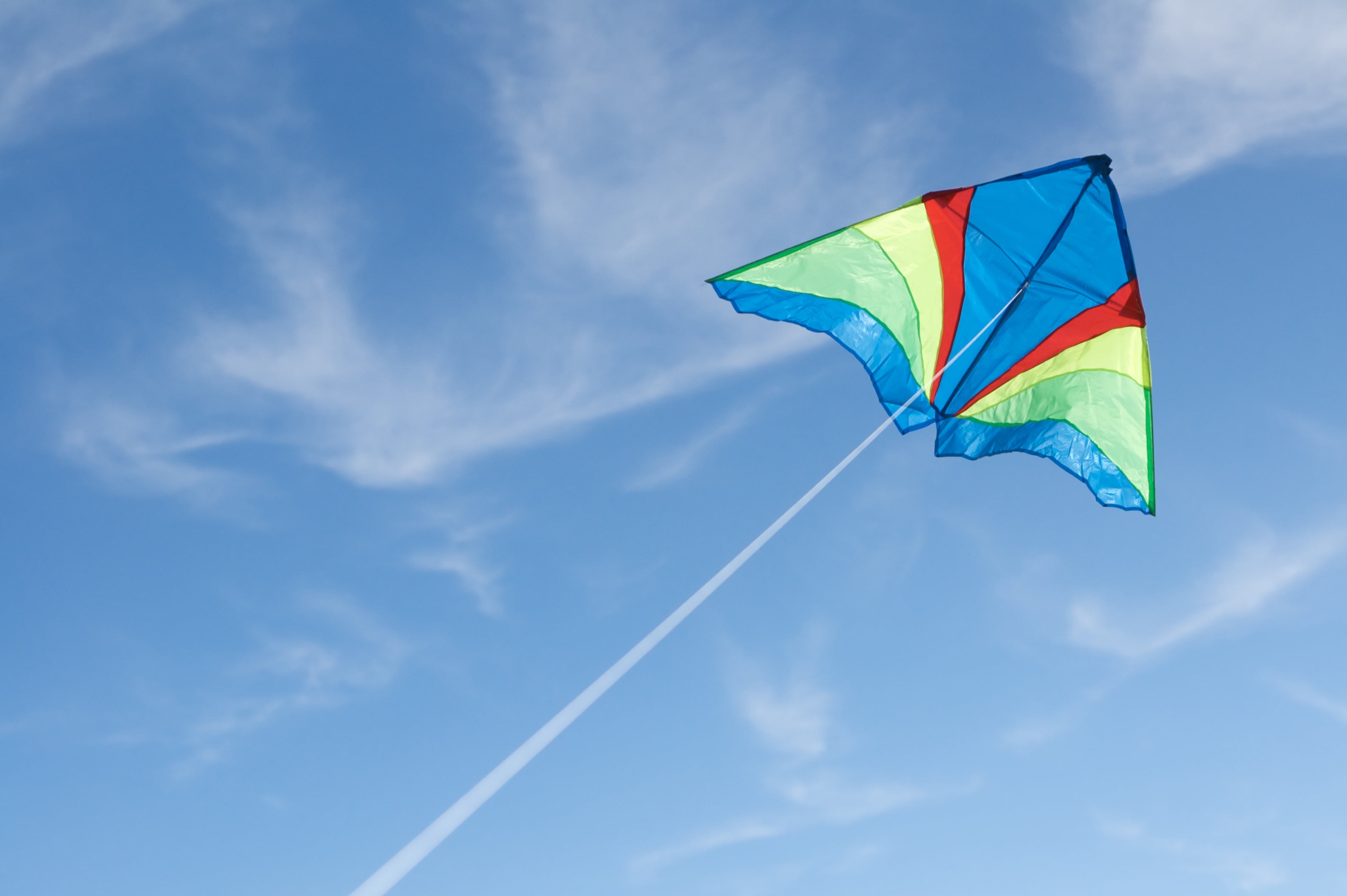 flying, emotion, day, motion, striped, 2K, no people, cloud - sky, flight, kite - toy, sky, nature, multi colored, low angle view, blue, mid-air, environment, HD Wallpaper