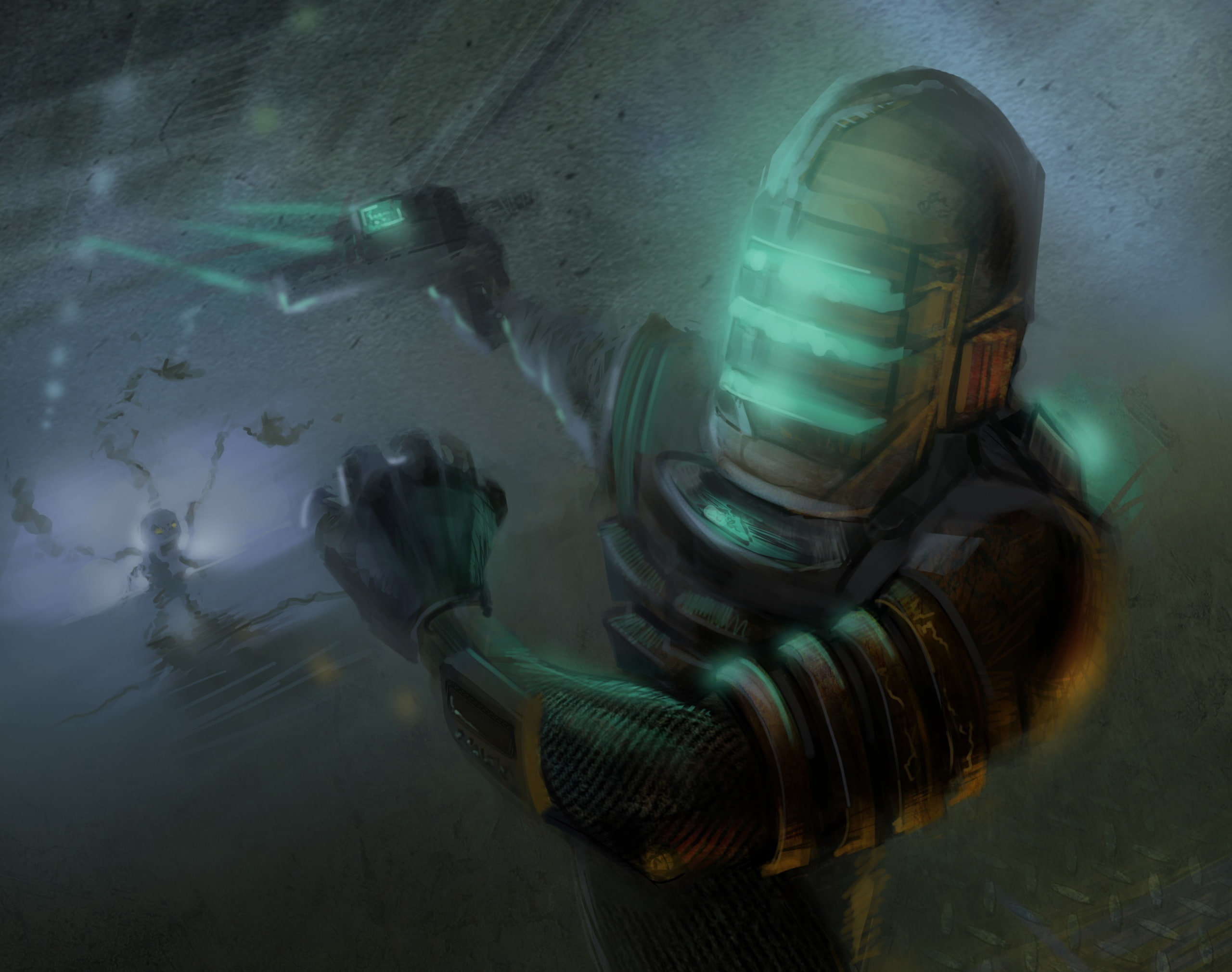 green color, indoors, technology, reflection, high angle view, sea, Dead Space, pollution, illustration, 2K, art, water, video game, Artwork, digital, HD Wallpaper