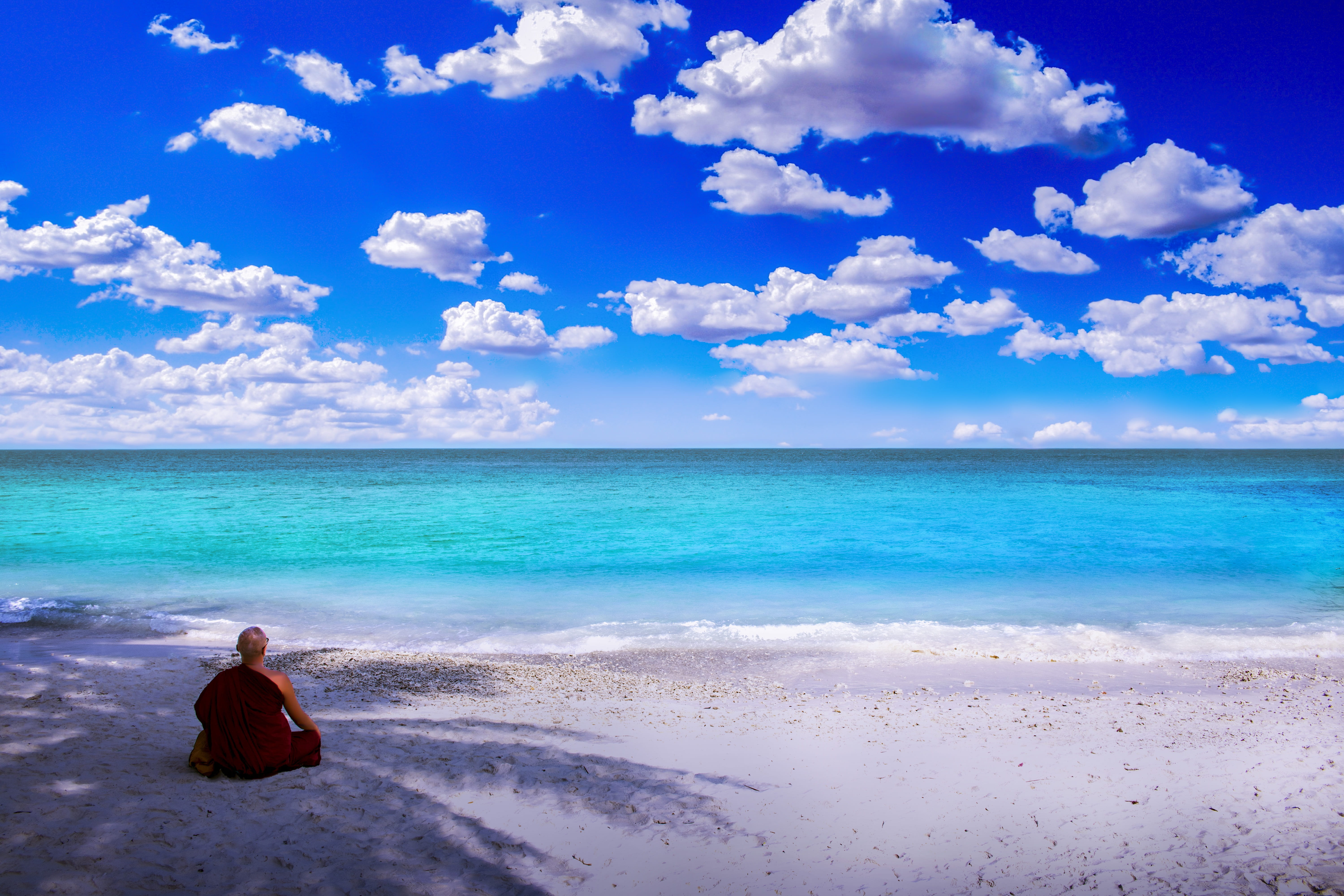 lang tengah island, island, side, relax, scenics - nature, summer, sky, meditate, beach, theravada, woman, outdoors, monk, rear view, calm, holiday, peaceful, HD Wallpaper