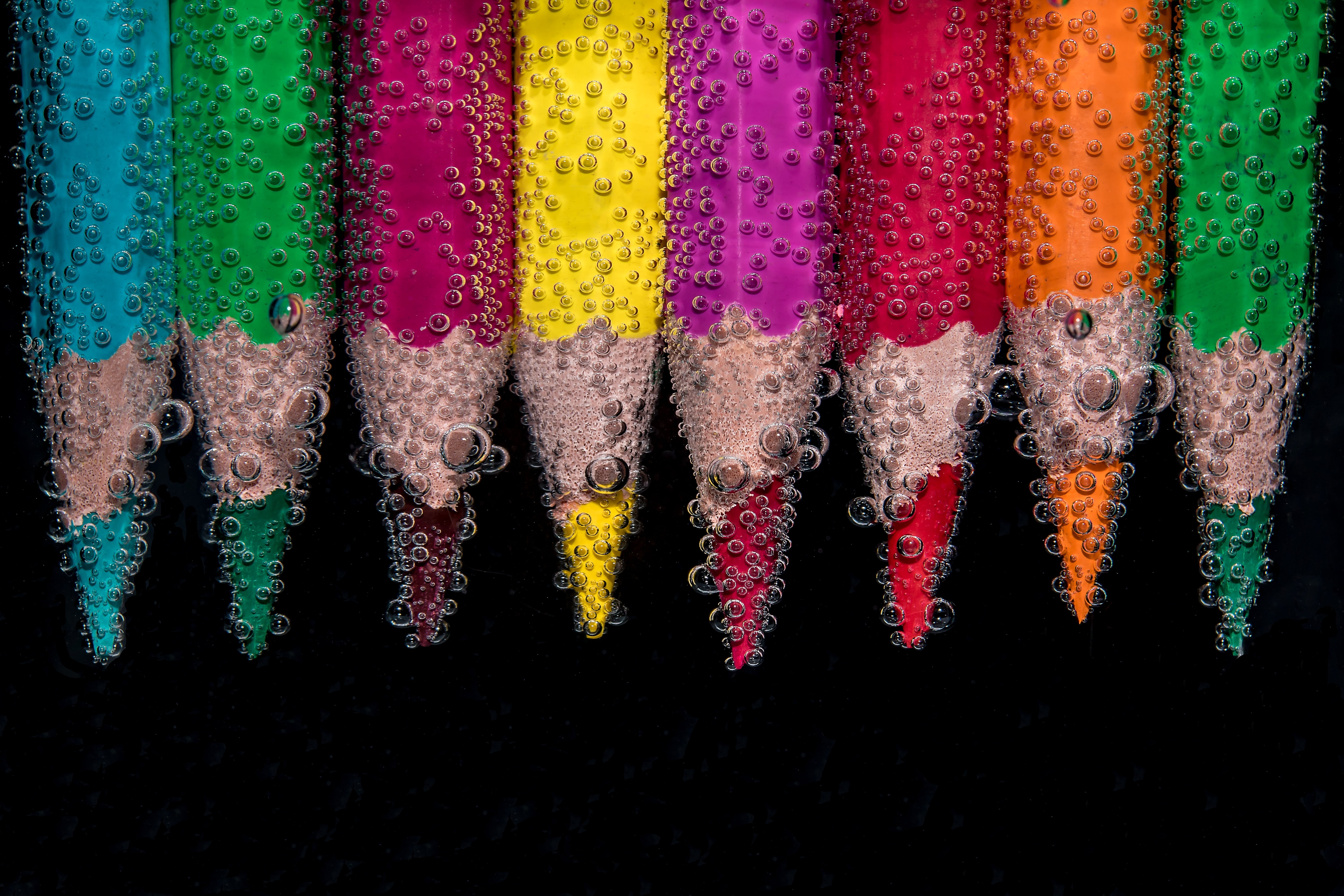 directly above, assorted, still life, no people, arrangement, creativity, red, choice, bubbles, backgrounds, abstract, art and craft, side by side, color pencils, HD Wallpaper