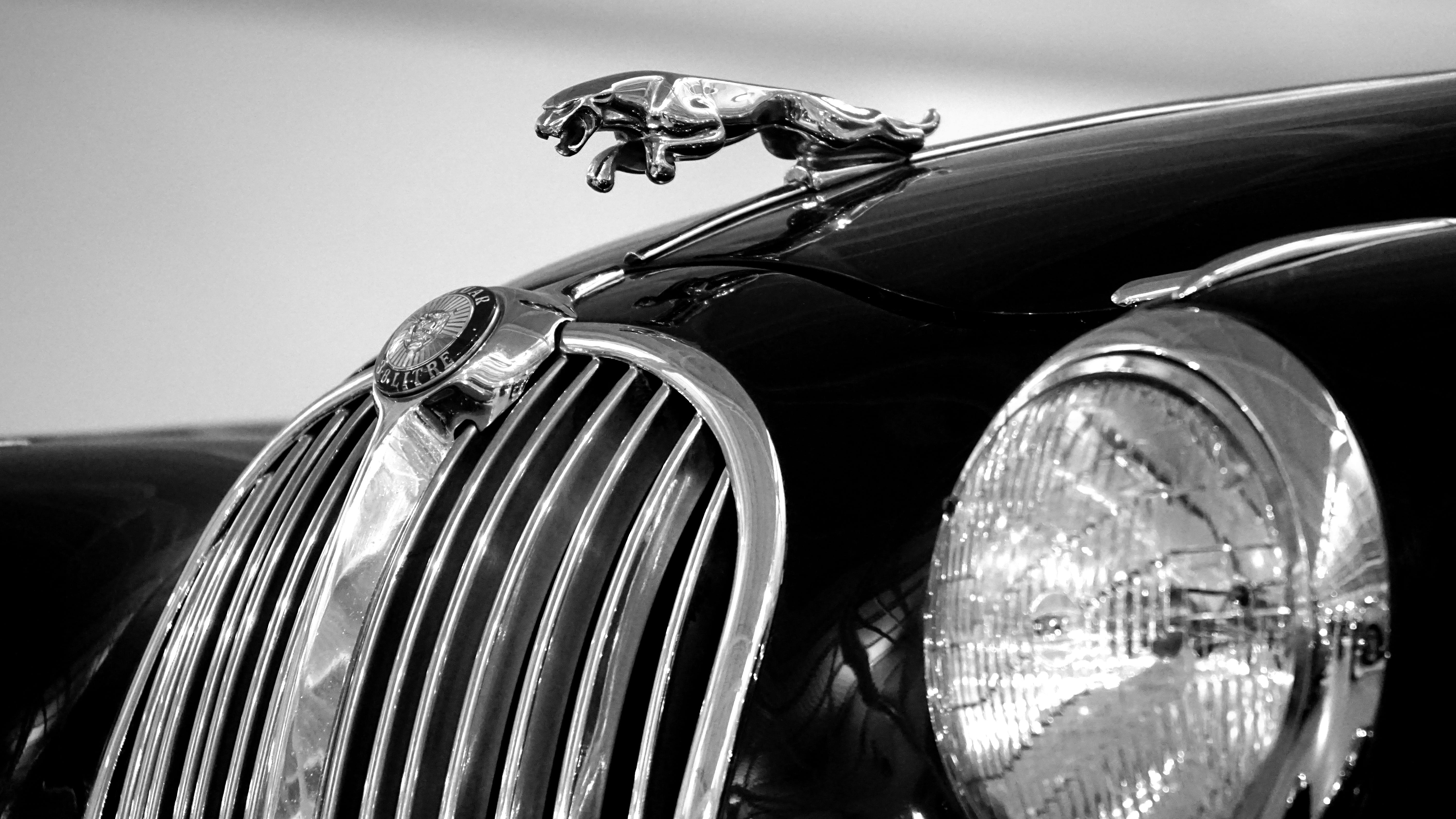 monochrome, transport, lamp, reflection, nostalgia, vehicle, coupe, black, jaguar, automotive, headlight, no people, close-up, automobile, sports, transportation, HD Wallpaper