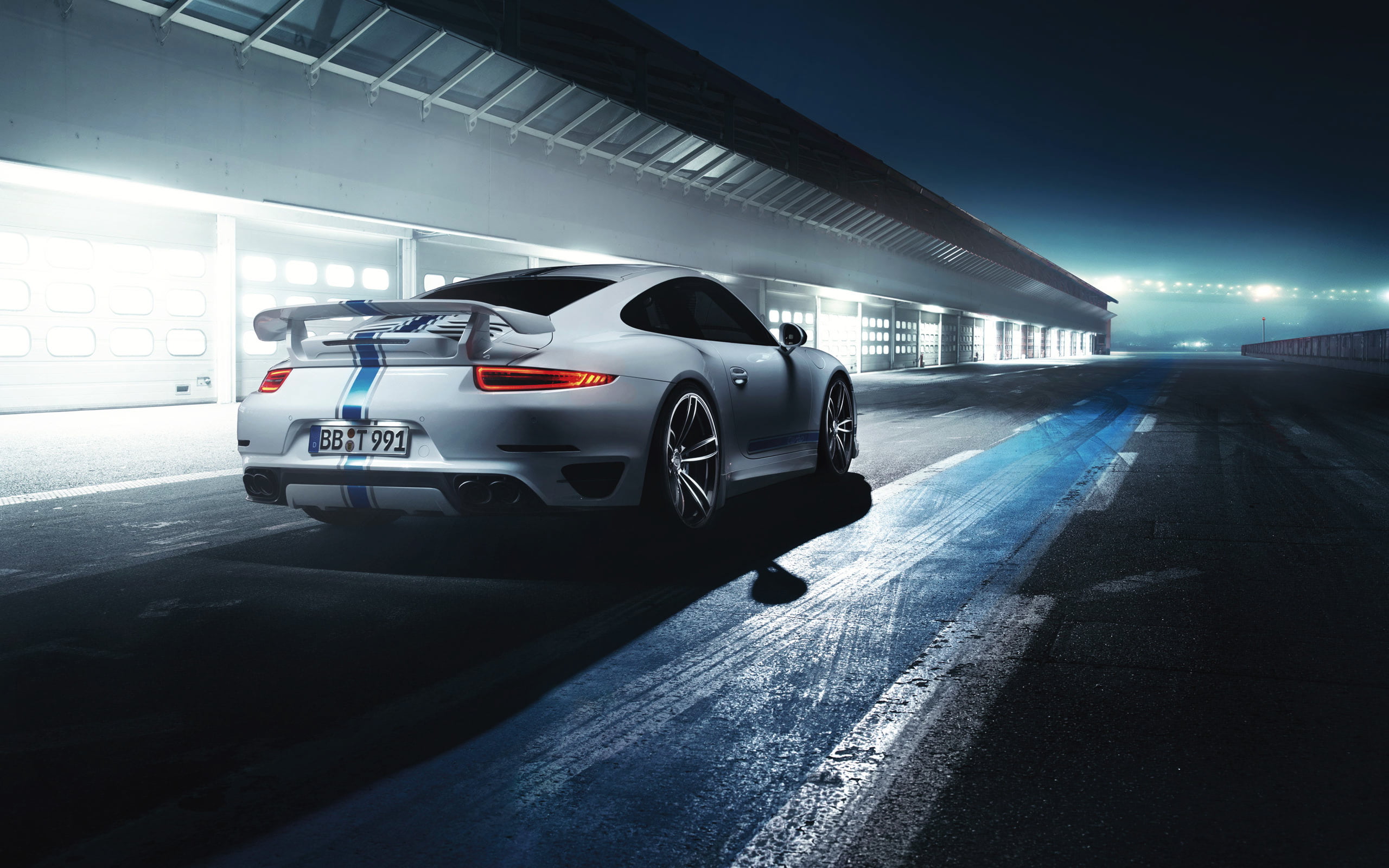 Rear view, built structure, car, road, illuminated, Light, 2K, architecture, White, land vehicle, direction, parking lot, Machine, 911, transportation, HD Wallpaper