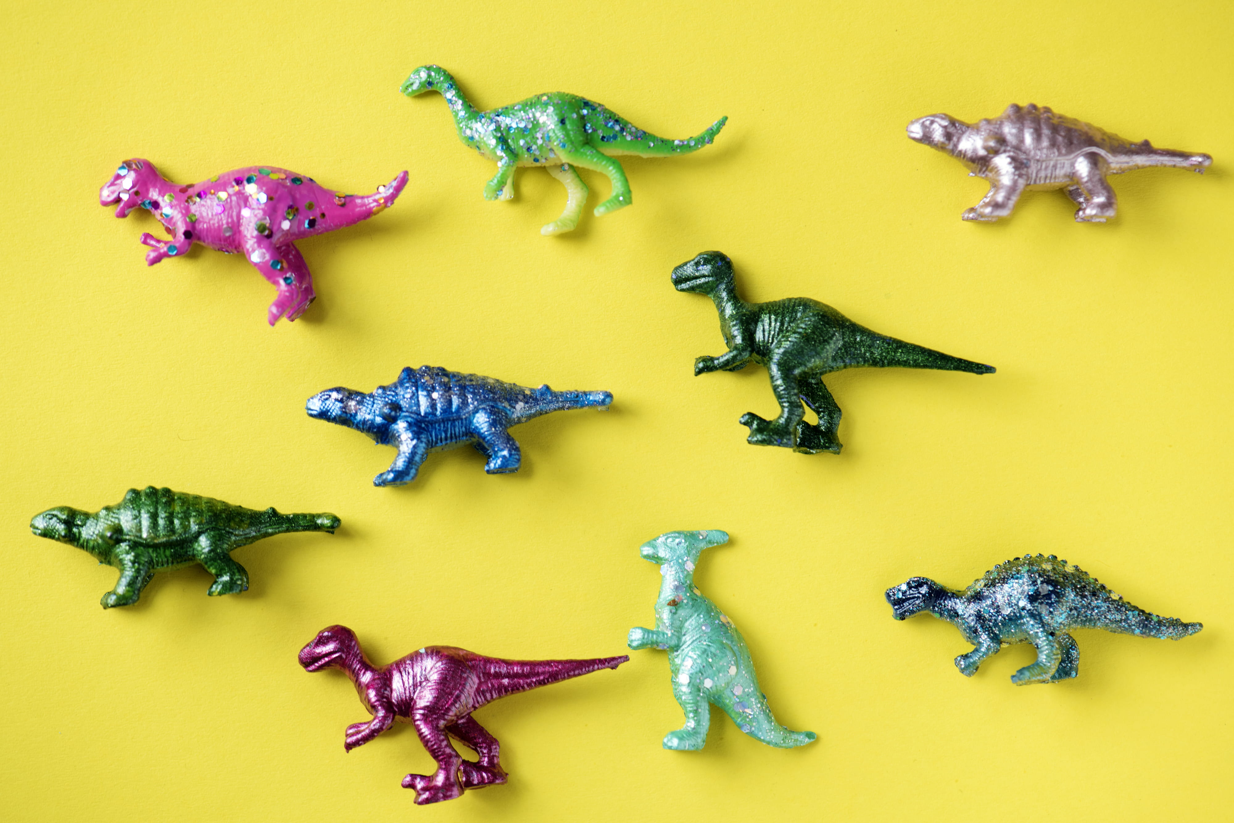 shape, dinosaurs, creativity, figures, assorted, animal themes, fun, underwater, large group of objects, animals, figurines, yellow background, dinosaur, HD Wallpaper