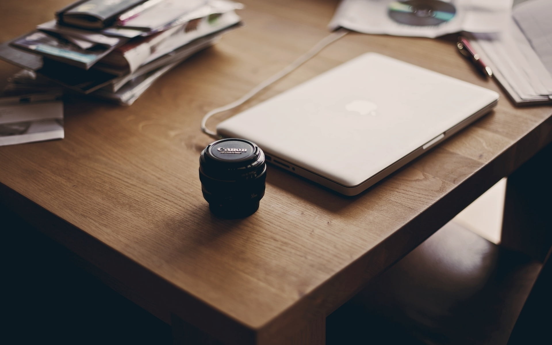 wood - Material, laptop, computer, office, apple, canon, dslr, desk, focus on foreground, copy Space, no People, still life, camera, mobile Phone, communication, HD Wallpaper