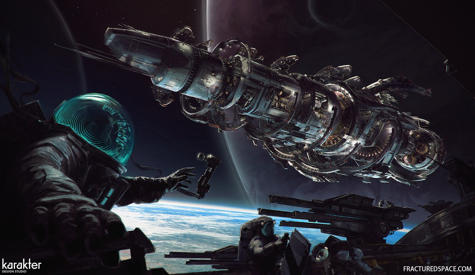 artwork, planet, astronaut, digital art, 1080P, space station, space, fractured space, HD Wallpaper