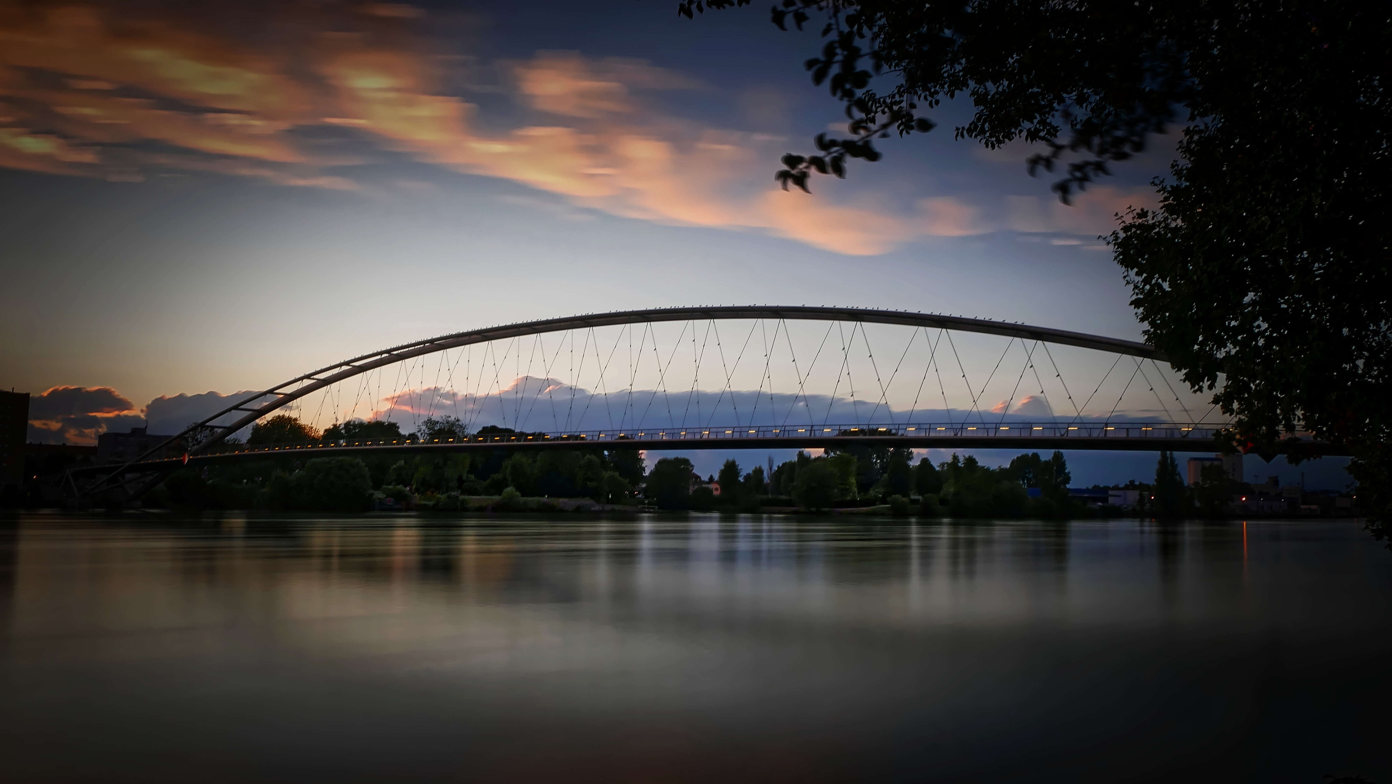 architecture, sunset, three countries bridge, weil am rhein, abendstimmung, bridge - man made structure, city, waterfront, cloud - sky, transportation, HD Wallpaper