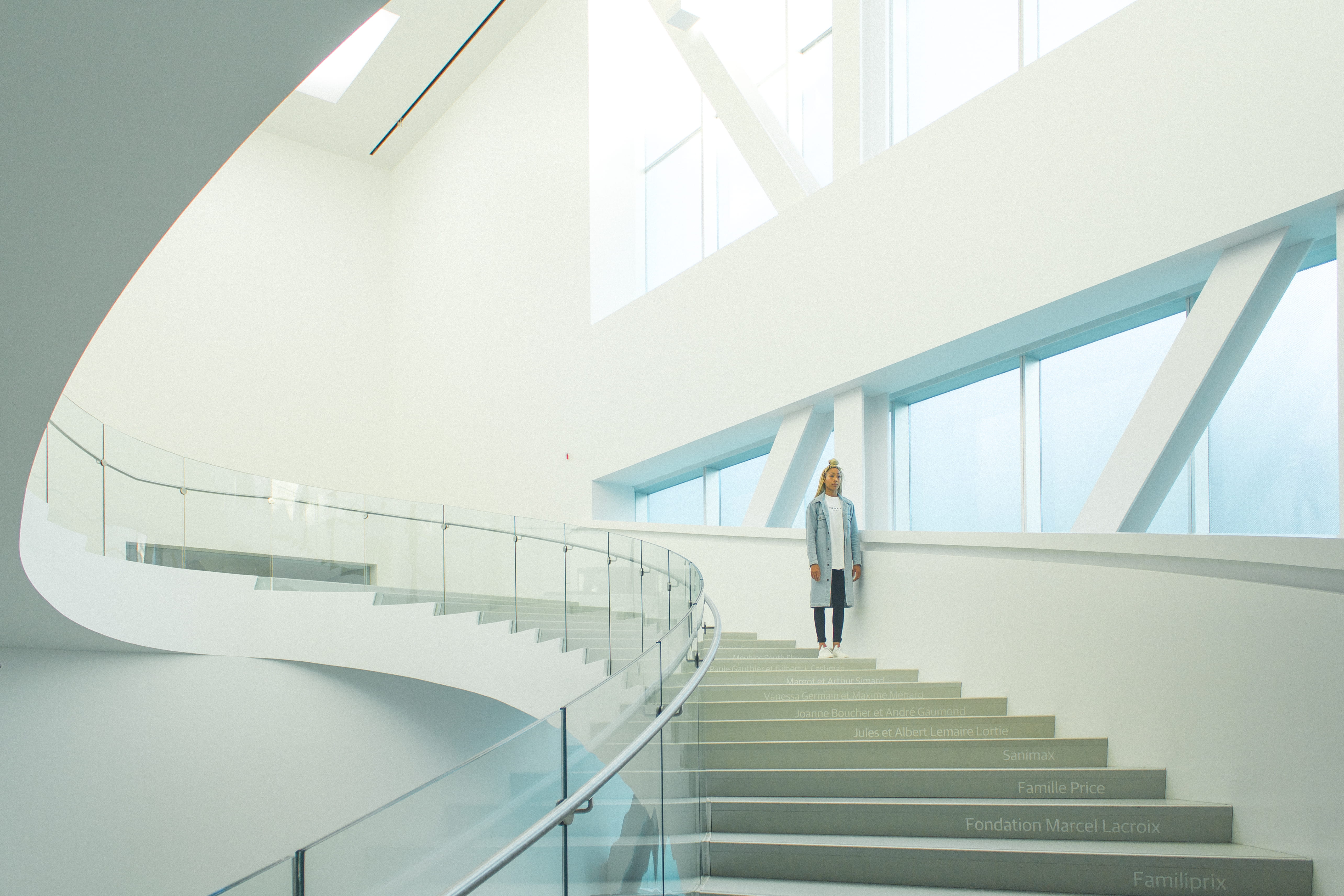 modern, rear view, the way forward, stairs, walking, one person, white, moving up, light, standing, adult, museum, low angle view, indoors, near, coat, HD Wallpaper