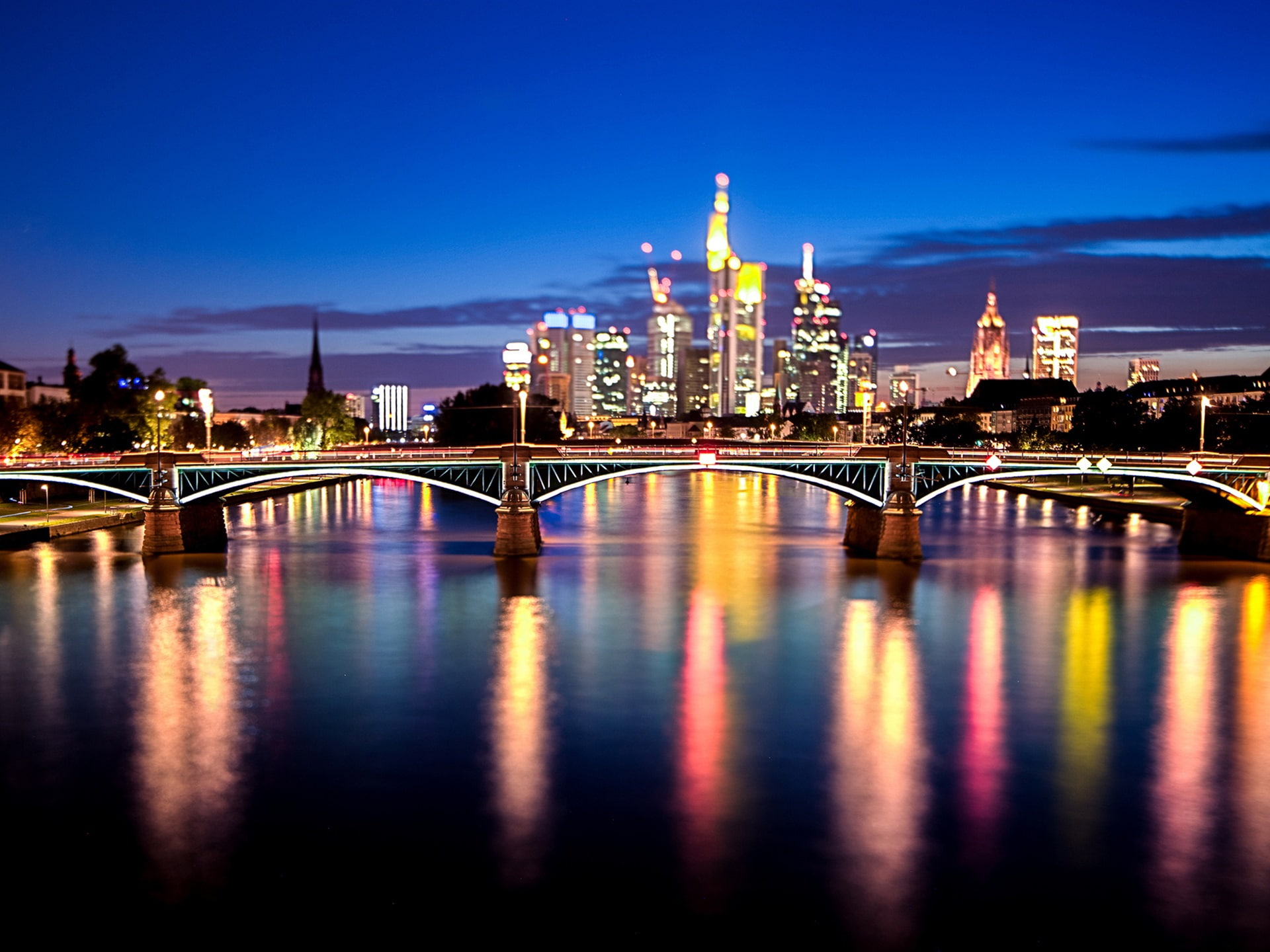 Frankfurt, River, Night, City, main, Germany, Bridge, Lights, 1080P, HD Wallpaper