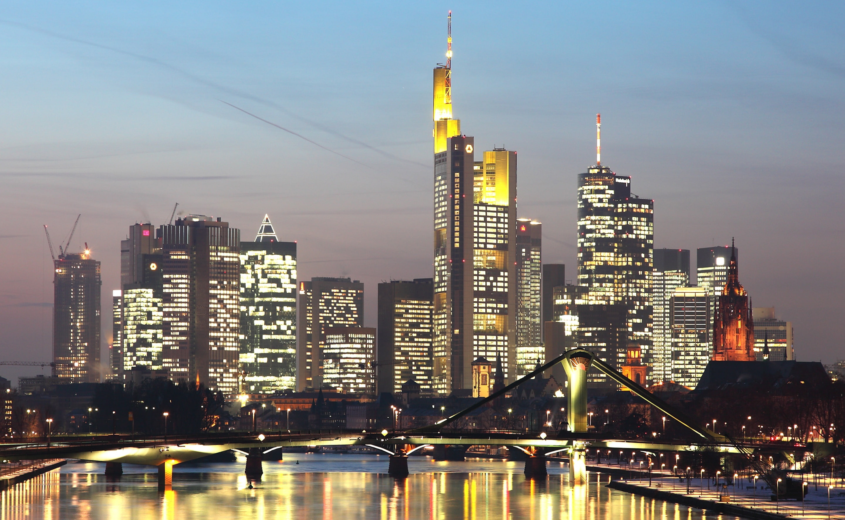 cityscape, bridge - man made structure, city, sky, black, frankfurt am main, bridge, Europe, modern, tall - high, illuminated, tower, outdoors, water, building, HD Wallpaper