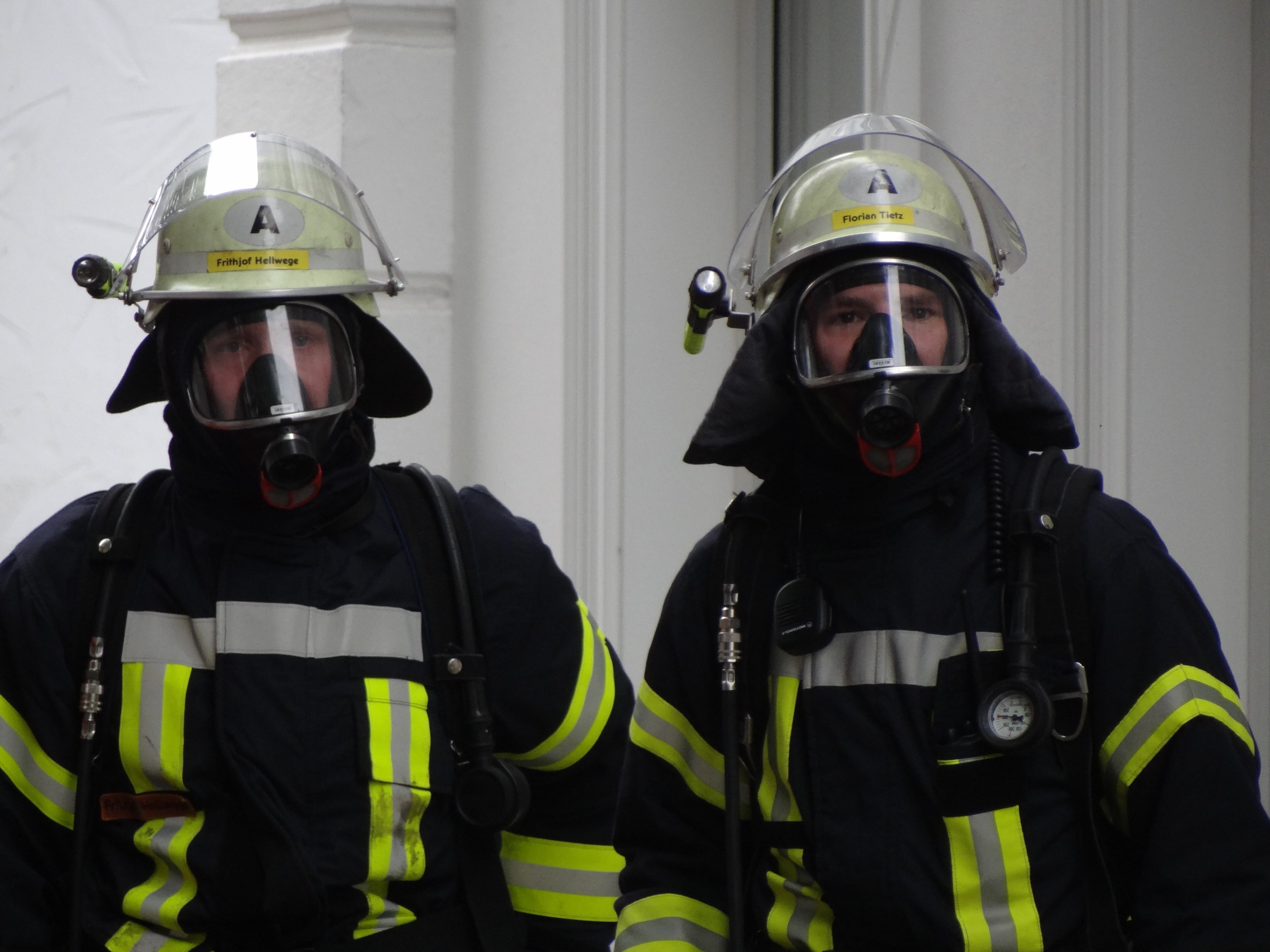 front view, standing, use, helmet, two people, protection, looking at camera, occupation, accidents and disasters, headshot, 4K, men, government, firefighter, HD Wallpaper
