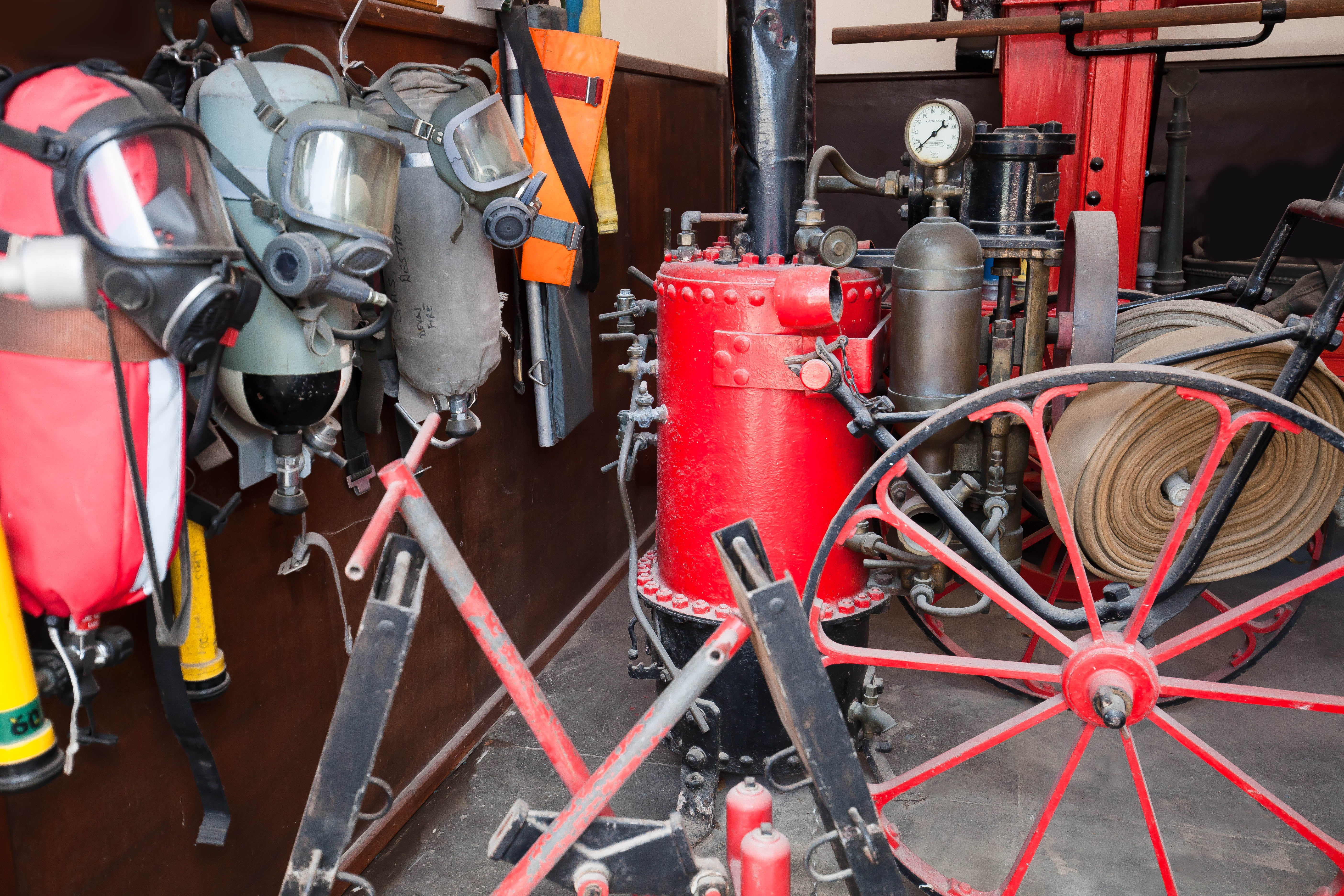 water pump, emergency equipment, breathing masks, sign, pipe - tube, old, connection, warning sign, hand pump, fire, metal, day, antique, 5K, accidents and disasters, HD Wallpaper