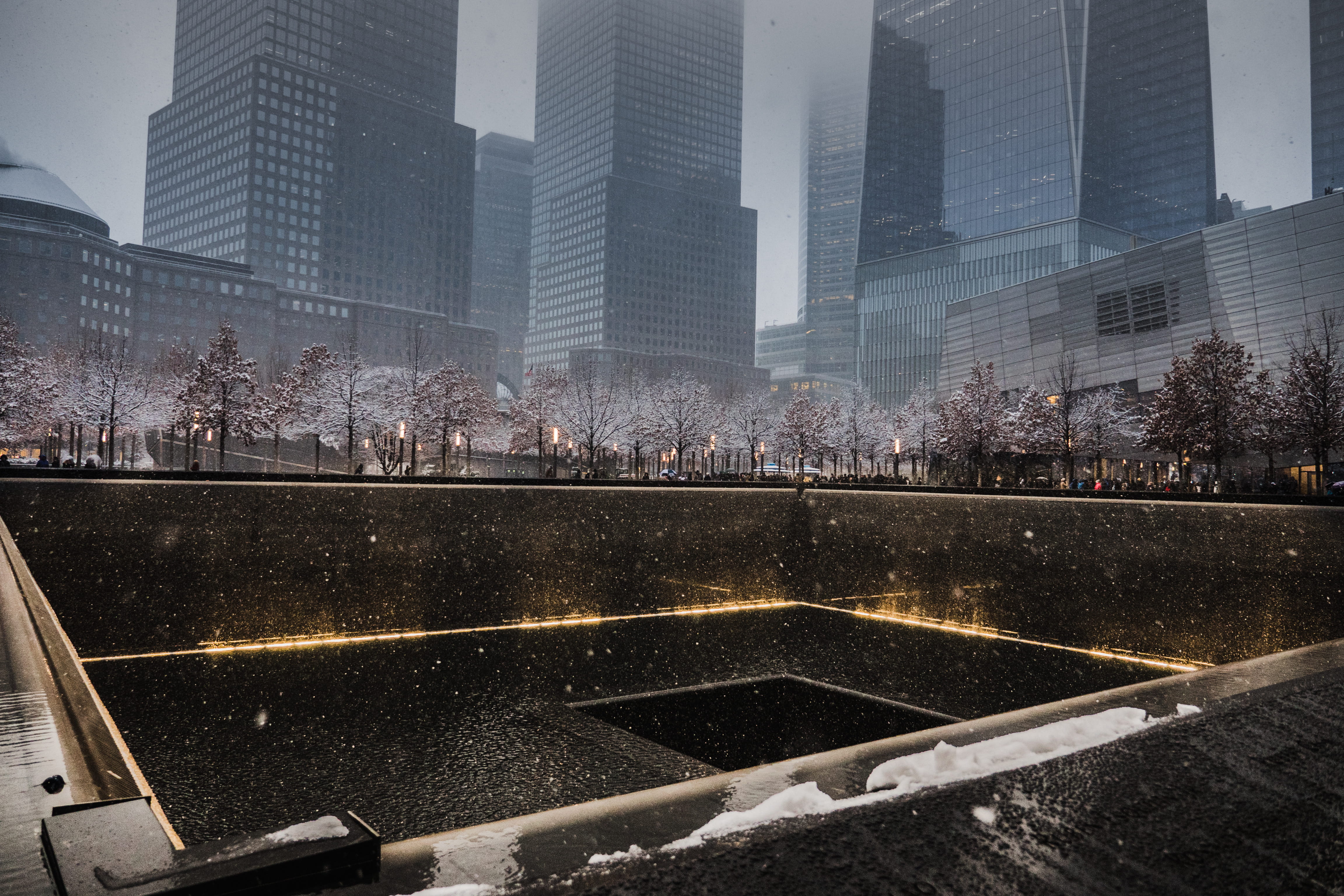 usa, glass - material, modern, new york, photography, winter, day, united states, skyscraper, wet, financial district, outdoors, memorial, 9/11 memorial, HD Wallpaper