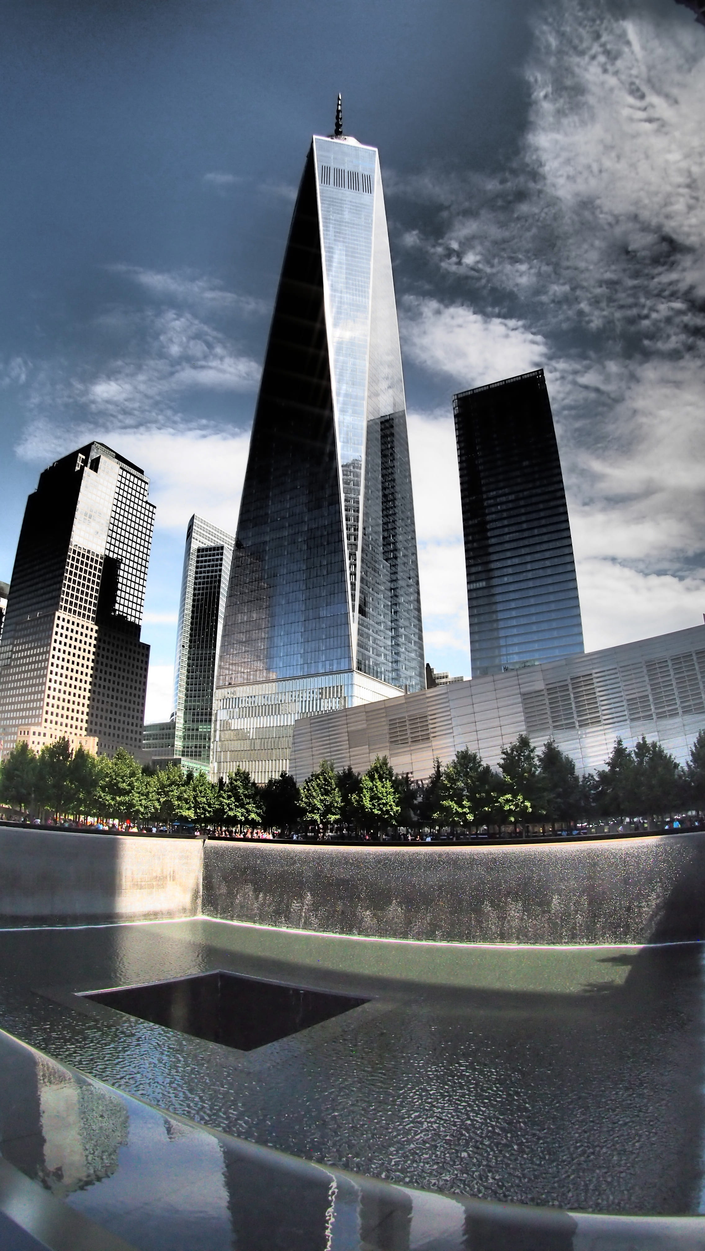 tower, sky, office, modern, travel destinations, tall - high, gray, memorial, daytime, new york, water, 1wtc, world trade center, city, monument, nature, Phone HD Wallpaper