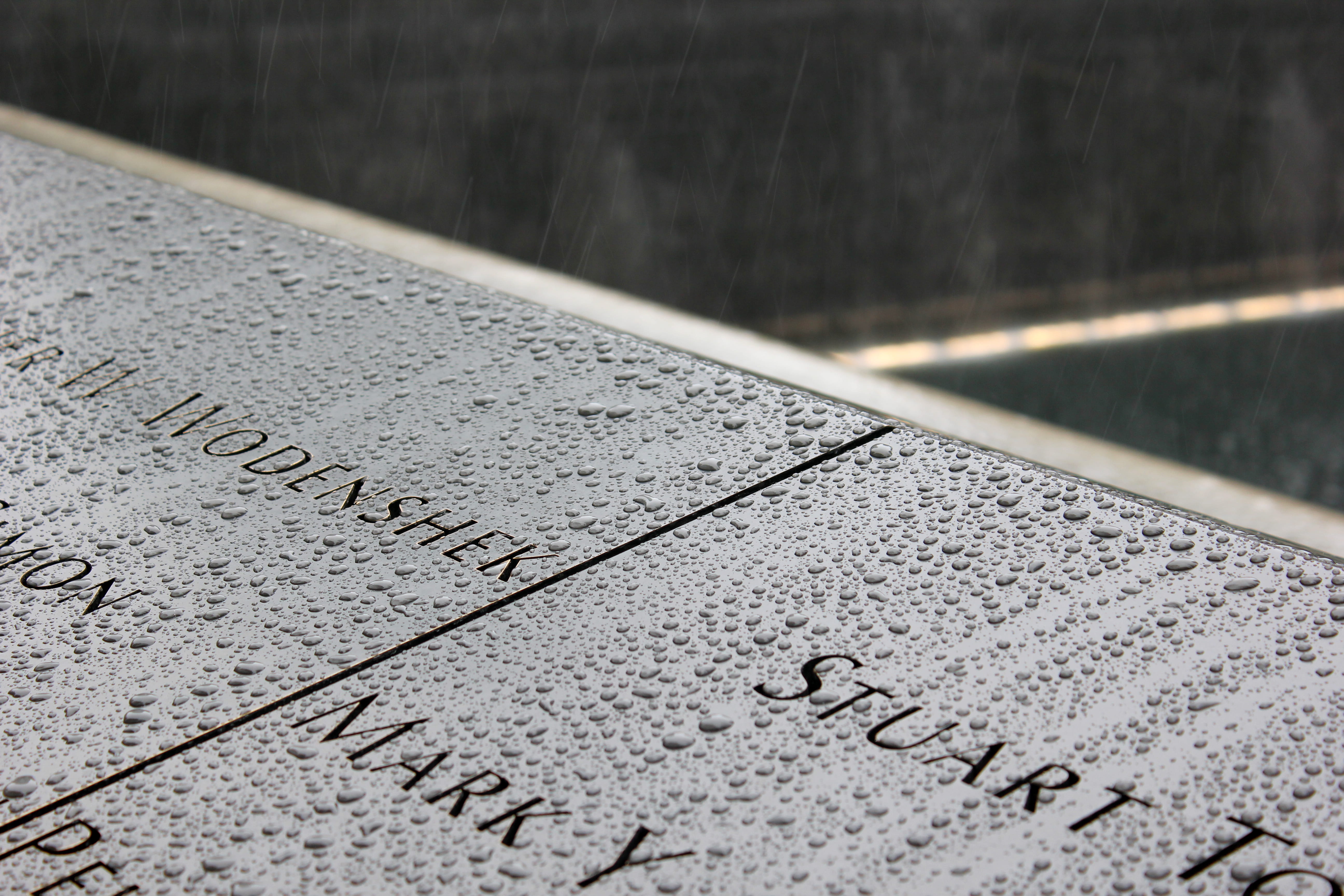 built structure, outdoors, text, 5K, 9/11 memorial, message, focus on foreground, stone, 9/11, architecture, rain, concrete, 911, day, the past, information, HD Wallpaper