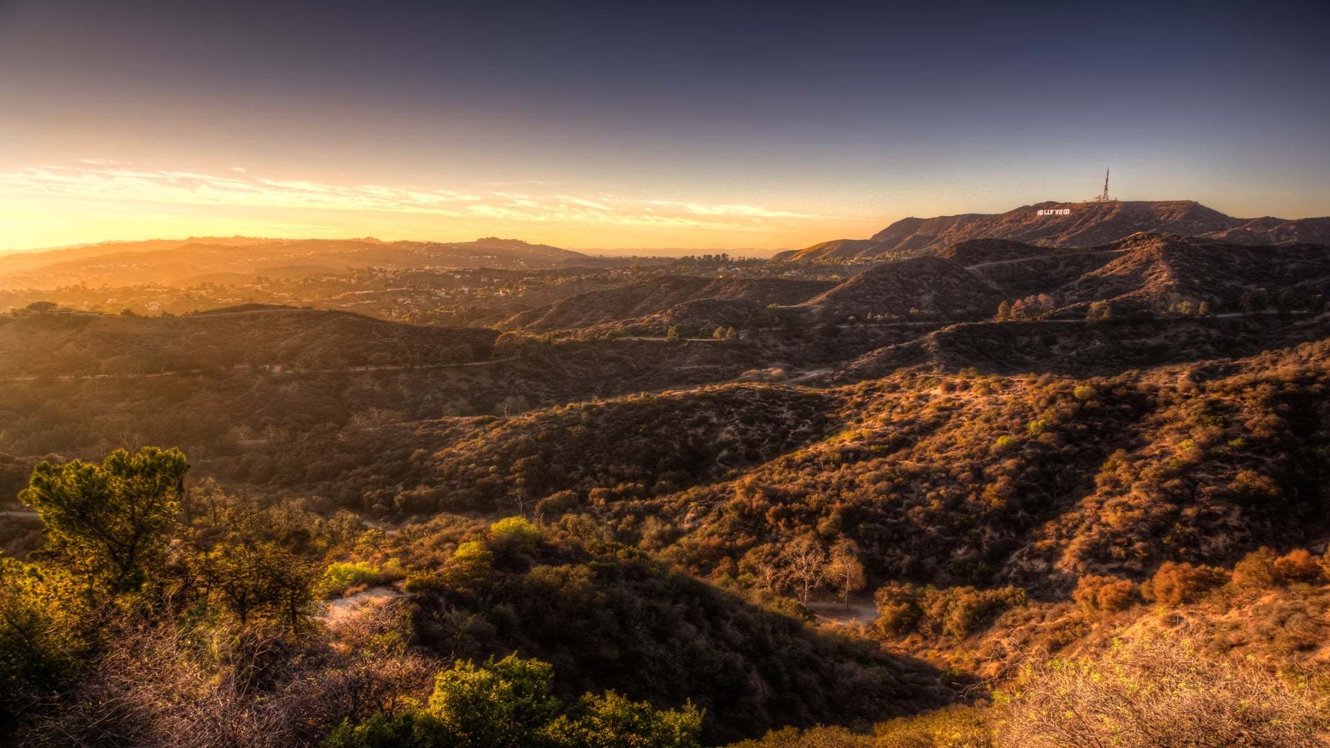 high angle view, mountain, autumn, nature, sunset, California, land, horizon, beauty in nature, tranquil scene, 1080P, sky, no people, Hollywood, plant, HD Wallpaper