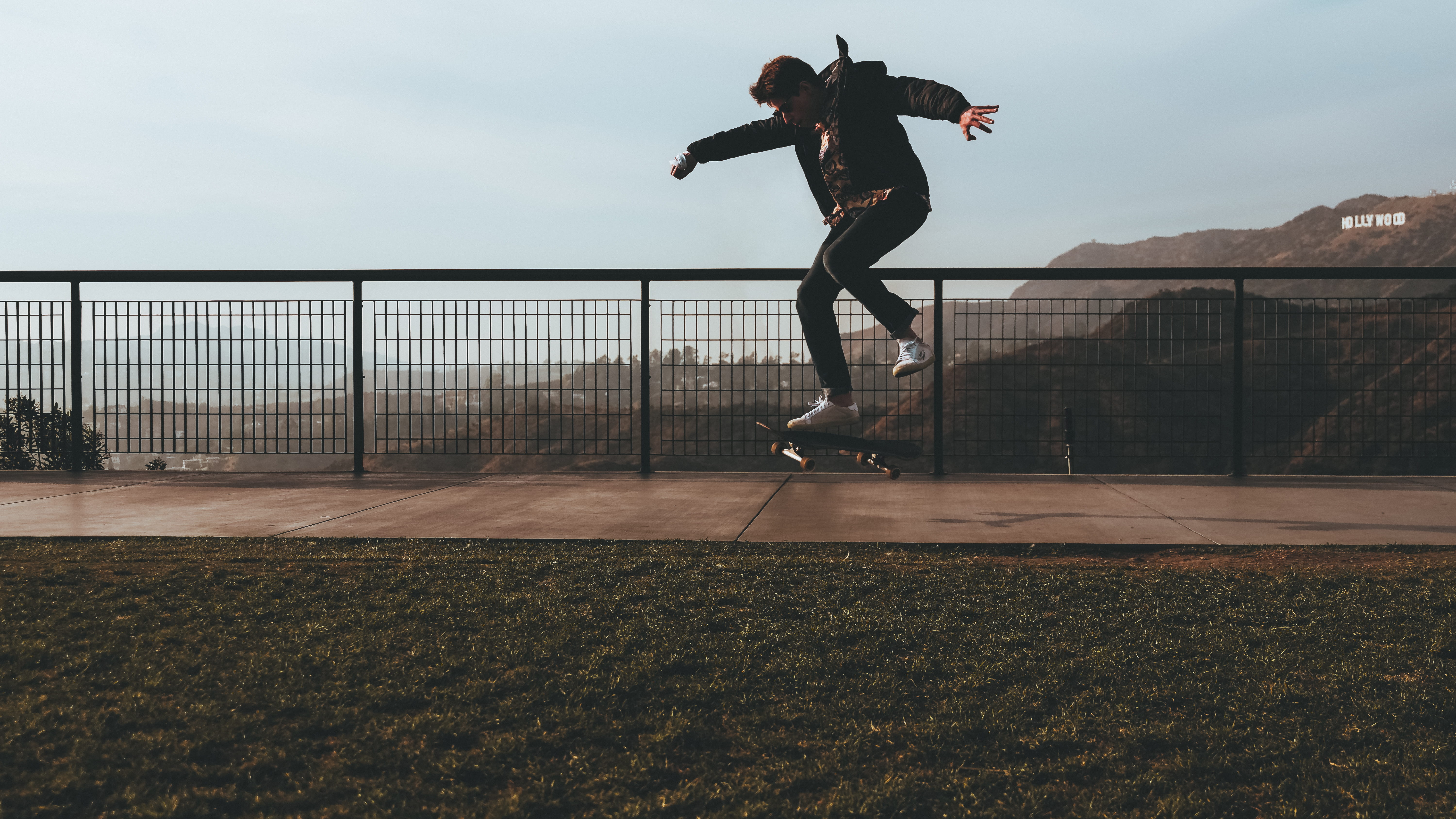 trick, railing, athlete, style, horizon, 5K, nature, griffith observatory, hollywood sign, jump, los angeles, jumping, hollywood, national park, sport, HD Wallpaper