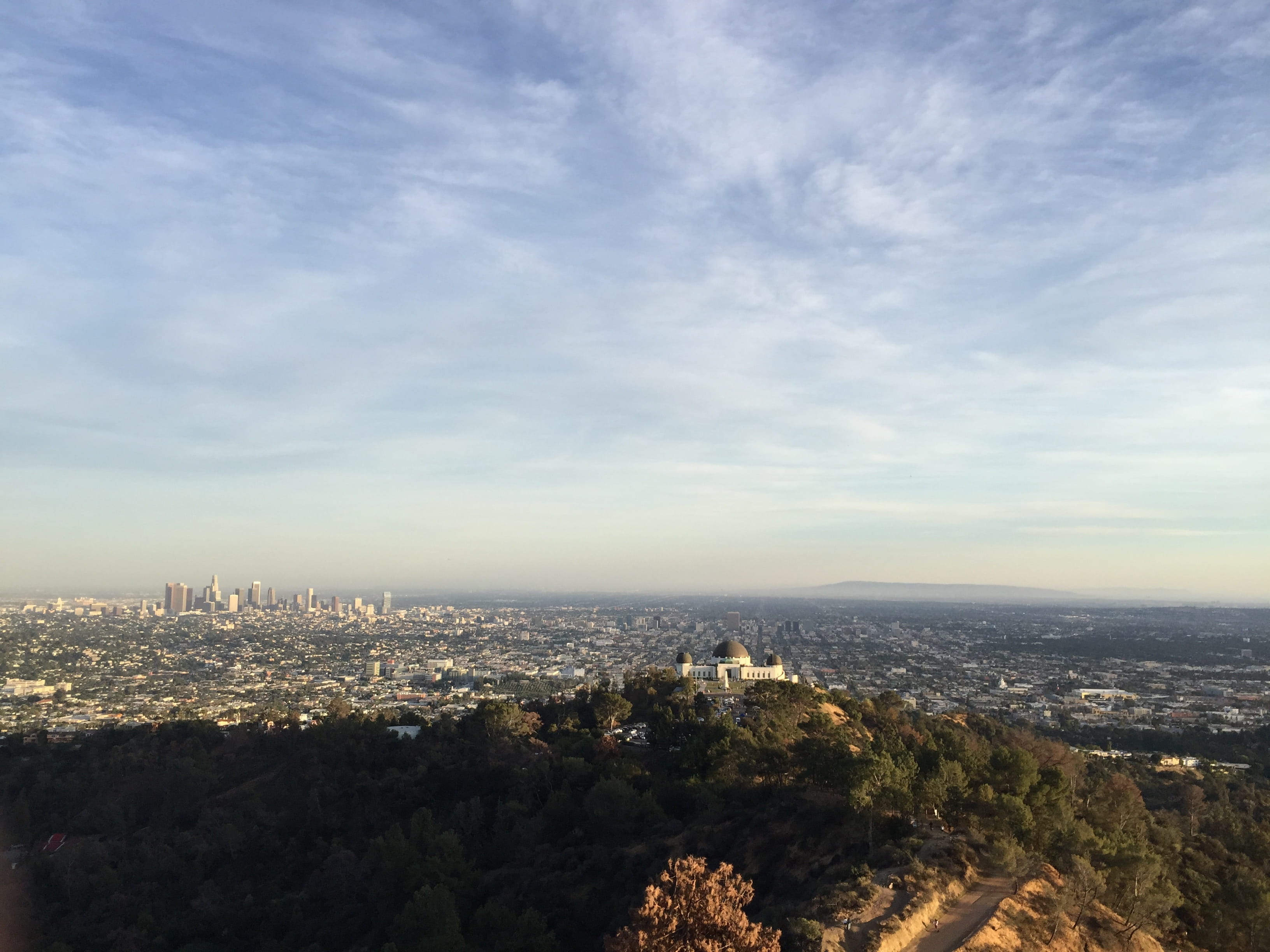 evening, view, cloud - sky, hills, high angle view, getty, mount hollywood trail, landscape, sunset, nature, united states, building exterior, built structure, HD Wallpaper
