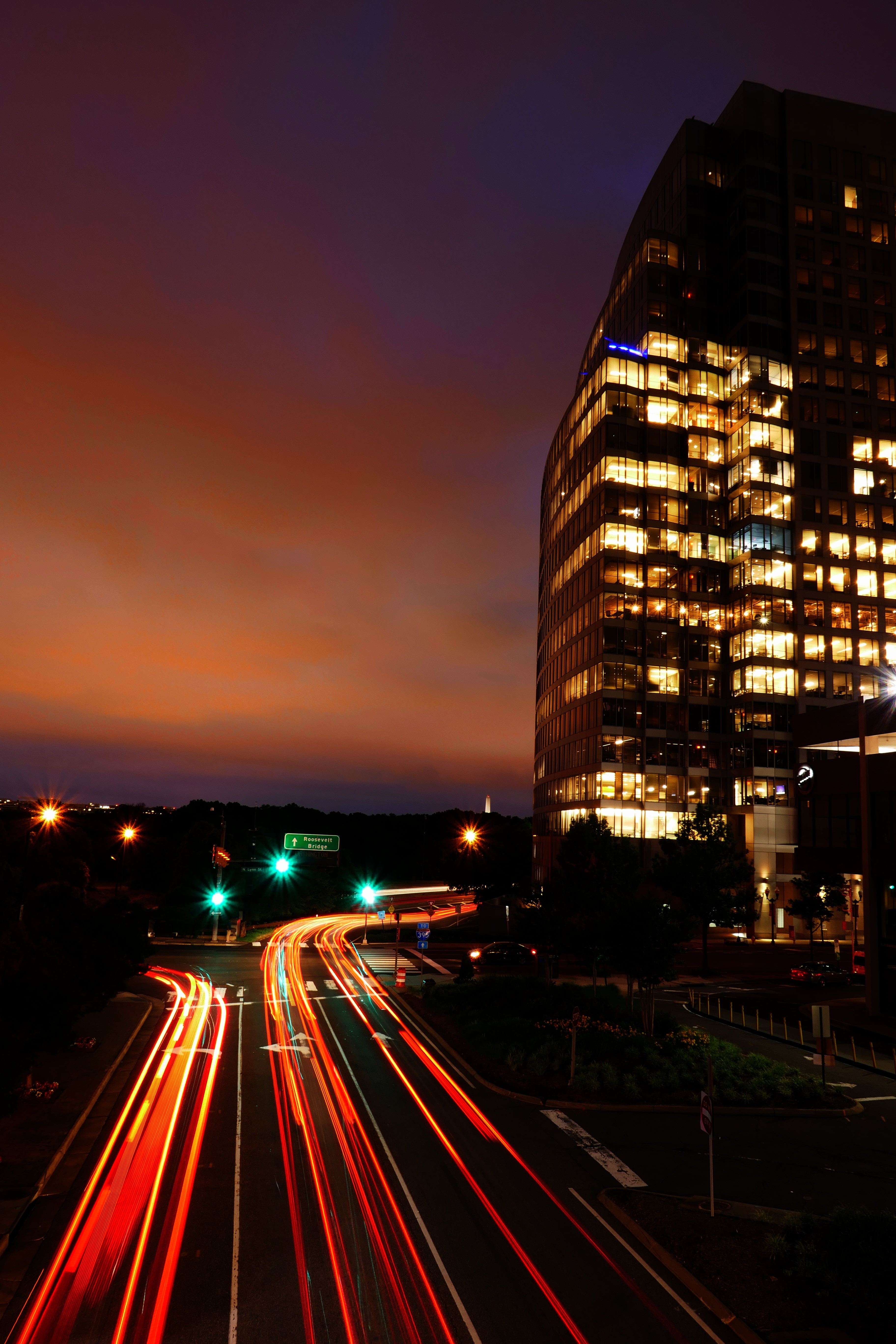 illuminated, night, skyscraper, travel destinations, transportation, road, no people, light, sky, built structure, motion, street, light trail, building, Phone HD Wallpaper