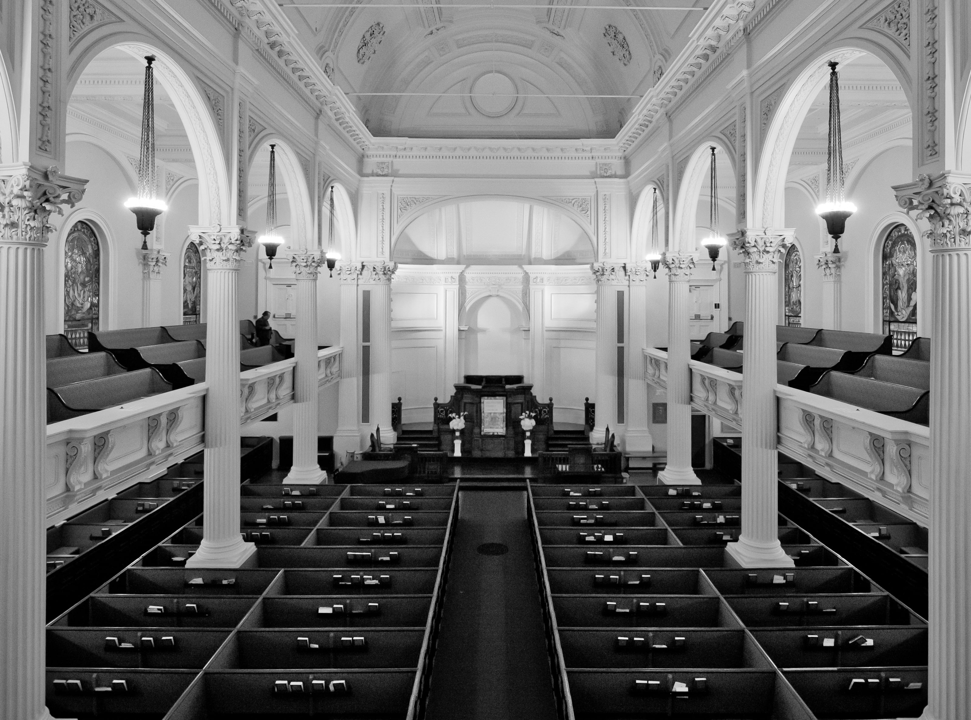 without, united states, architectural column, Black and White, pew, empty, building, grayscale, built structure, illuminated, ceiling, Massachusetts, in a row, HD Wallpaper