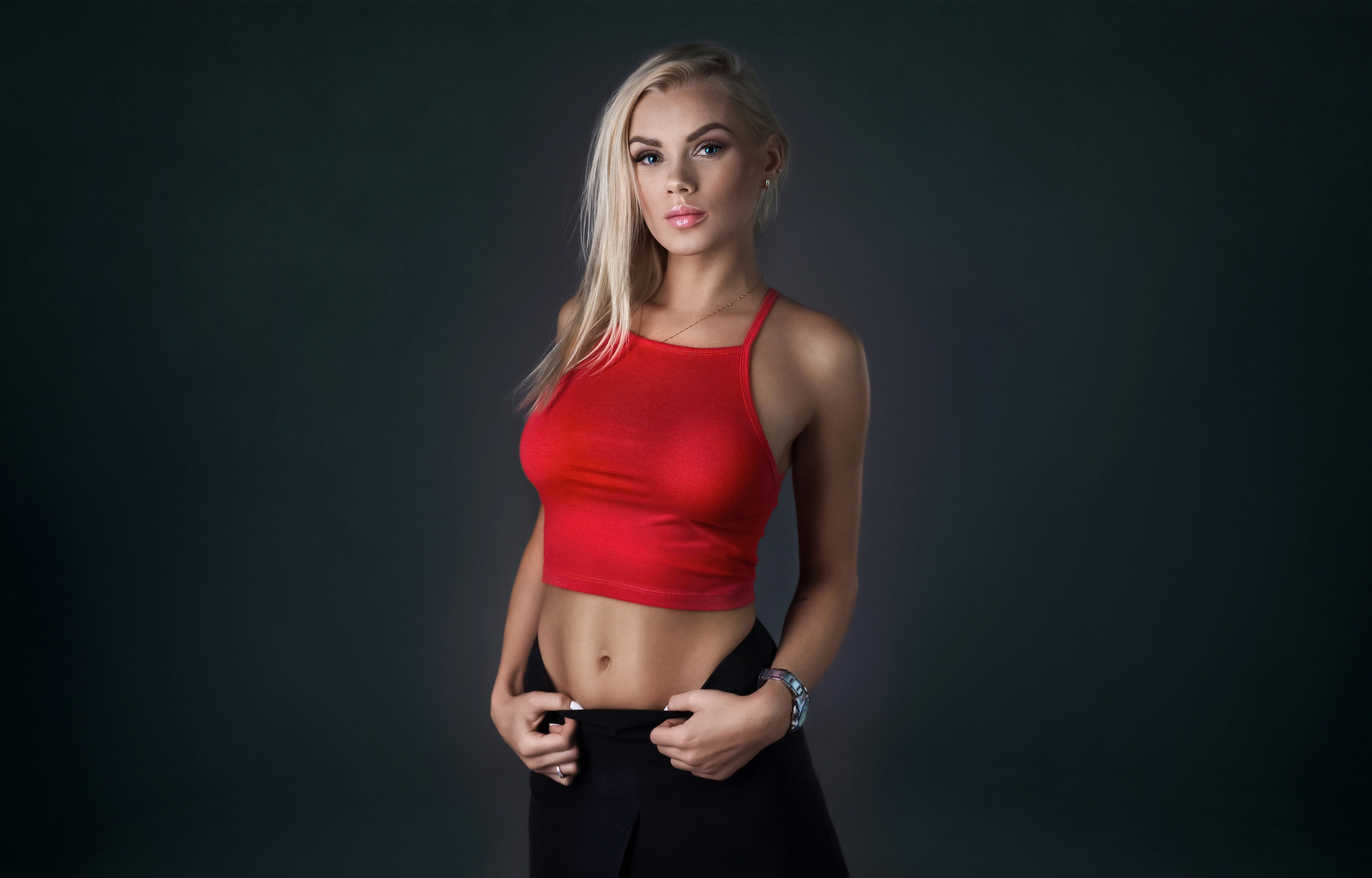 Greta, Median Income Is Only Masojc, red top, 2K, girl, blonde, HD Wallpaper
